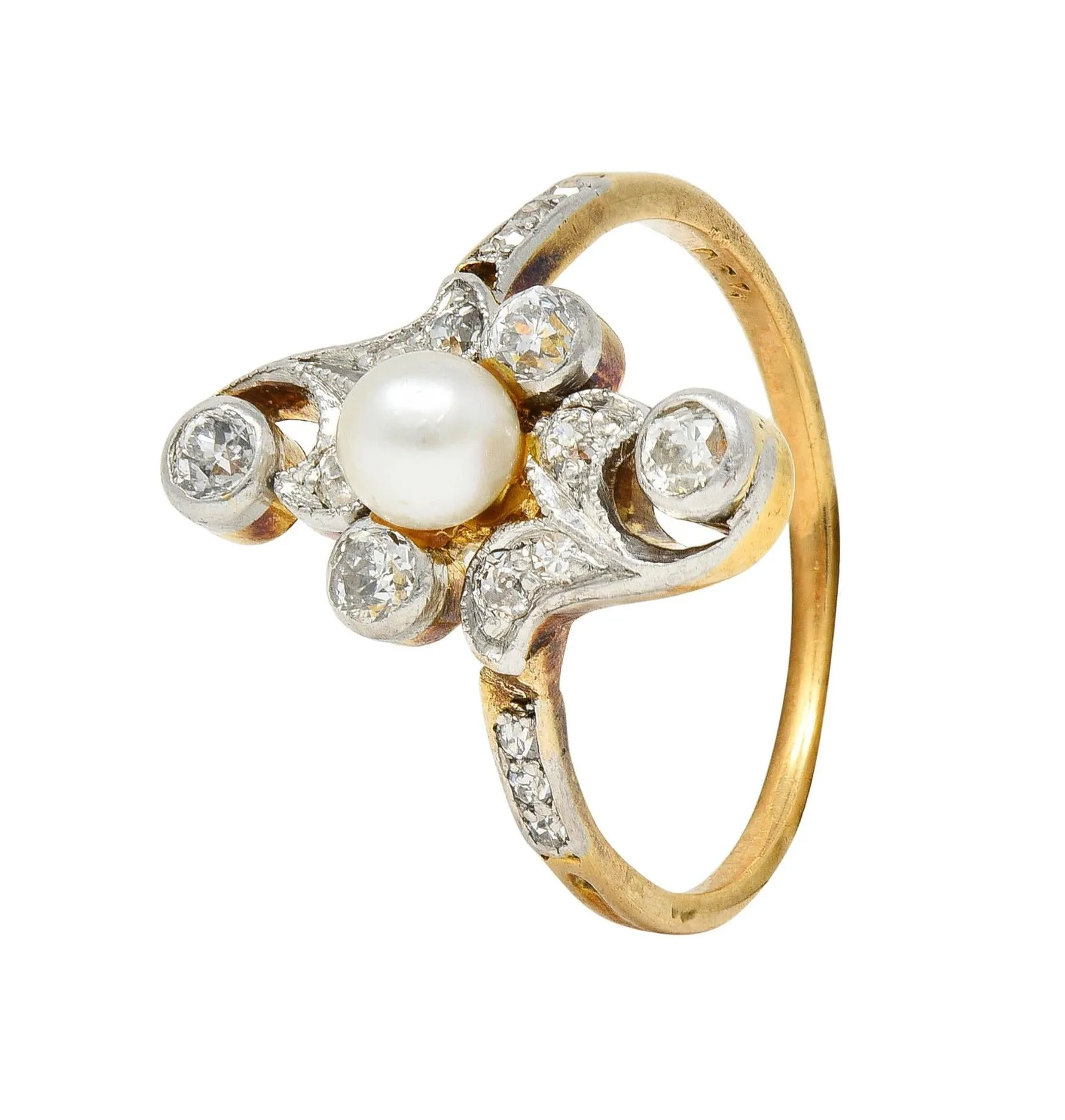 Edwardian Pearl Diamond Platinum-Topped 18 Karat Gold Foliate Antique Navette Ring