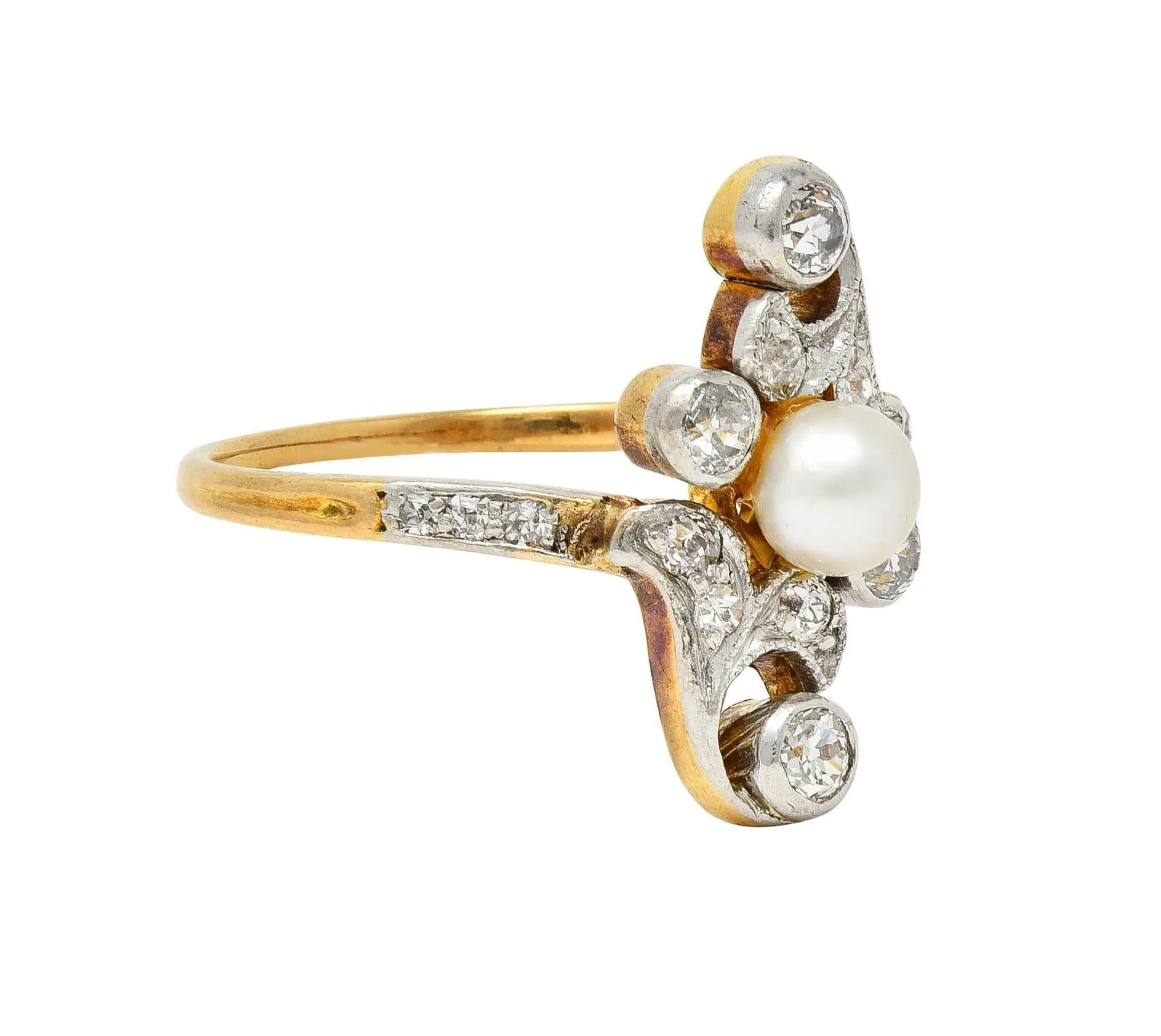 Edwardian Pearl Diamond Platinum-Topped 18 Karat Gold Foliate Antique Navette Ring