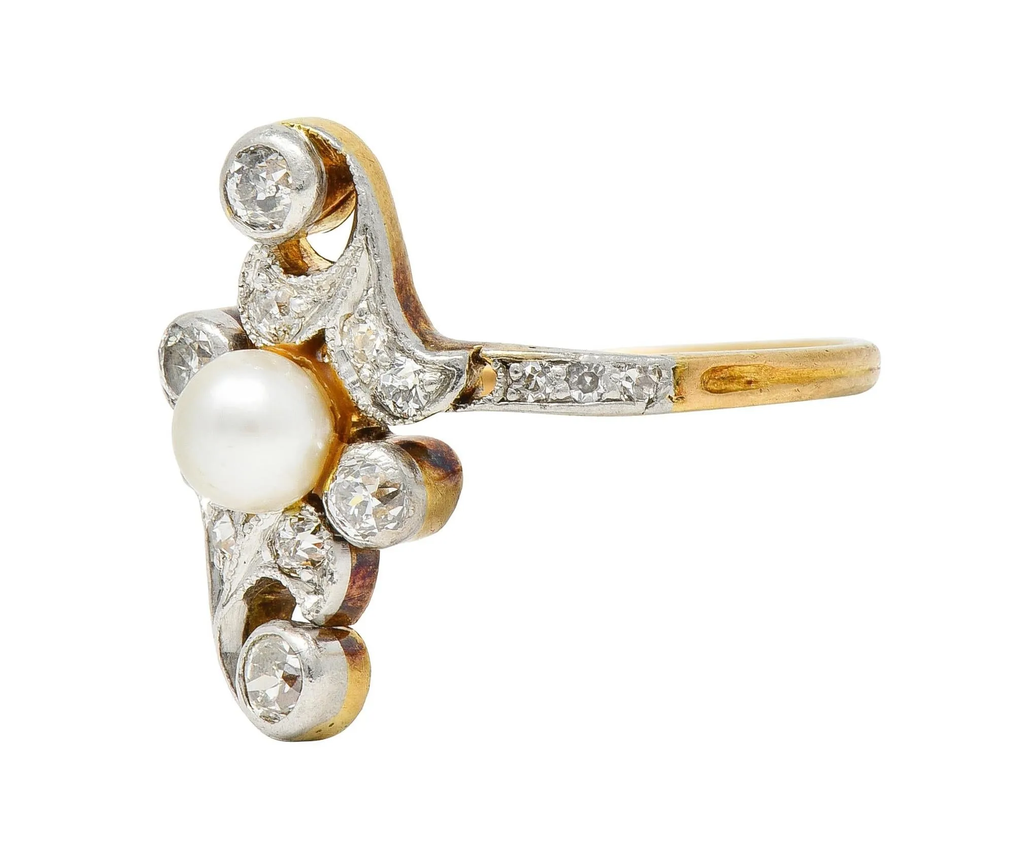 Edwardian Pearl Diamond Platinum-Topped 18 Karat Gold Foliate Antique Navette Ring