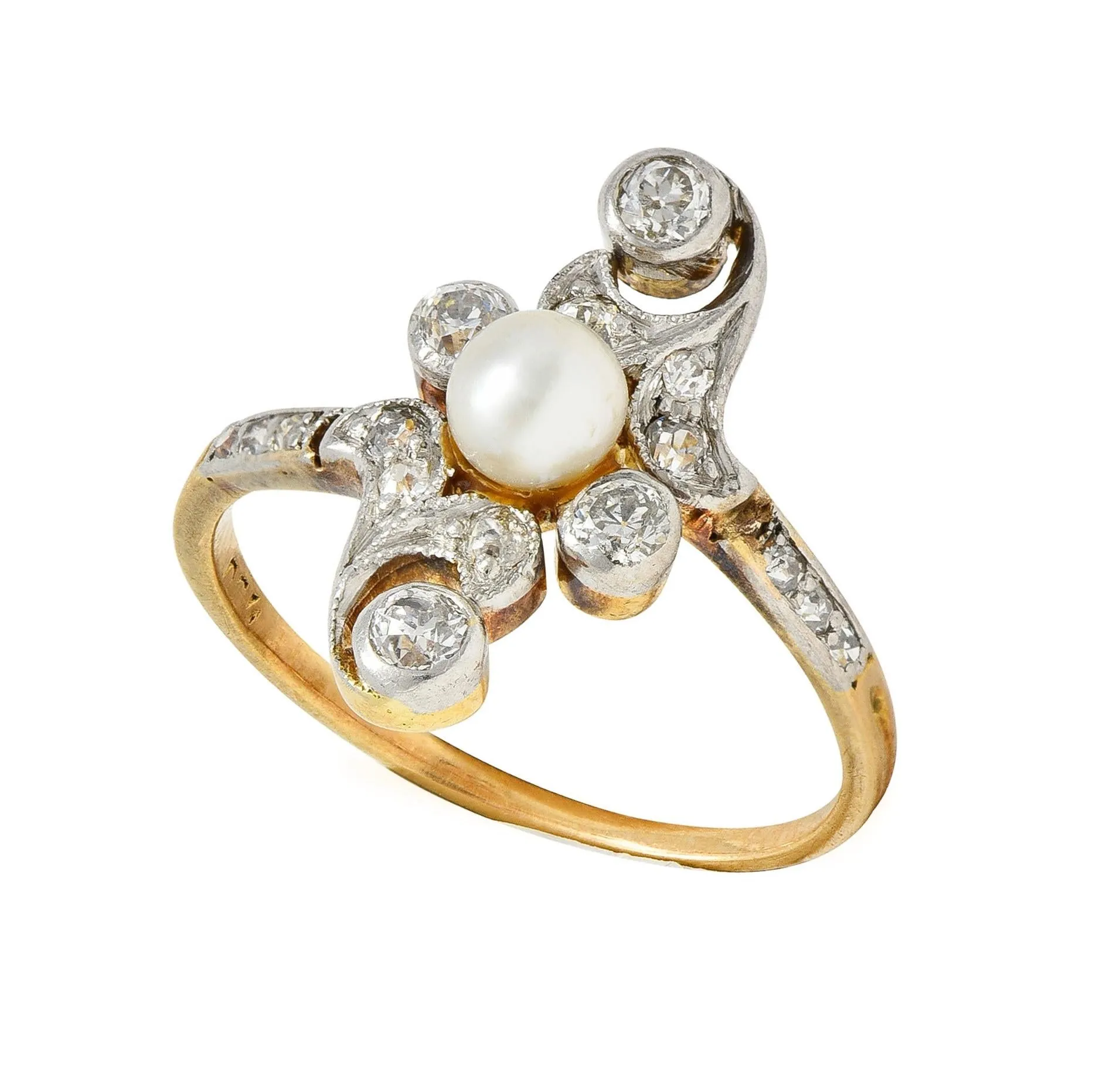 Edwardian Pearl Diamond Platinum-Topped 18 Karat Gold Foliate Antique Navette Ring