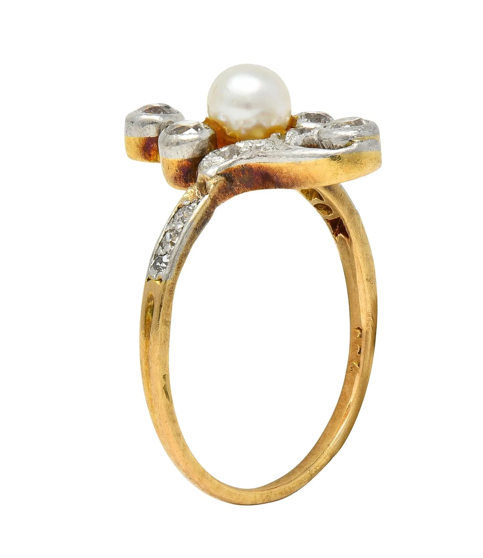 Edwardian Pearl Diamond Platinum-Topped 18 Karat Gold Foliate Antique Navette Ring