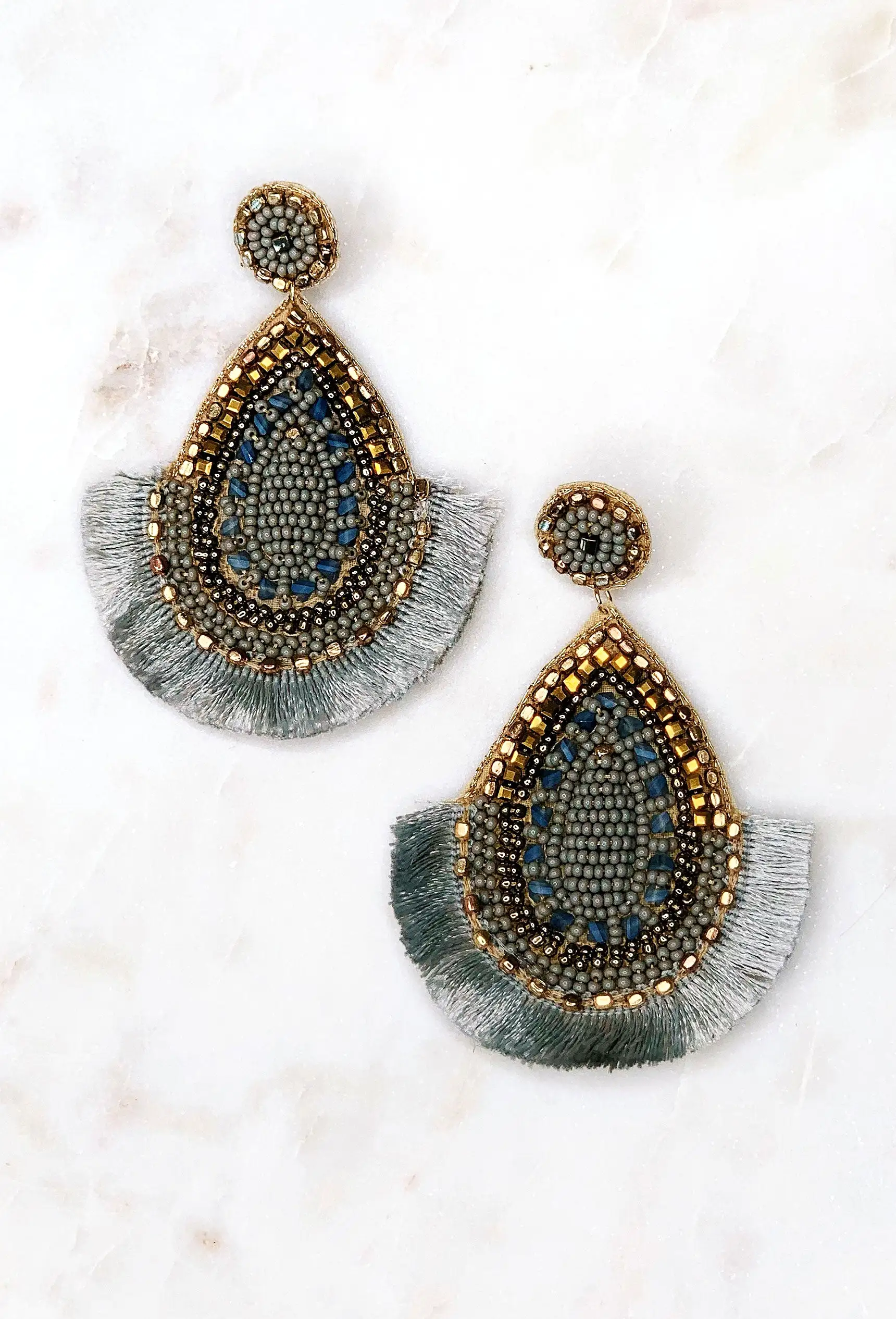 Embellished Grey Teardrop Statement Earrings