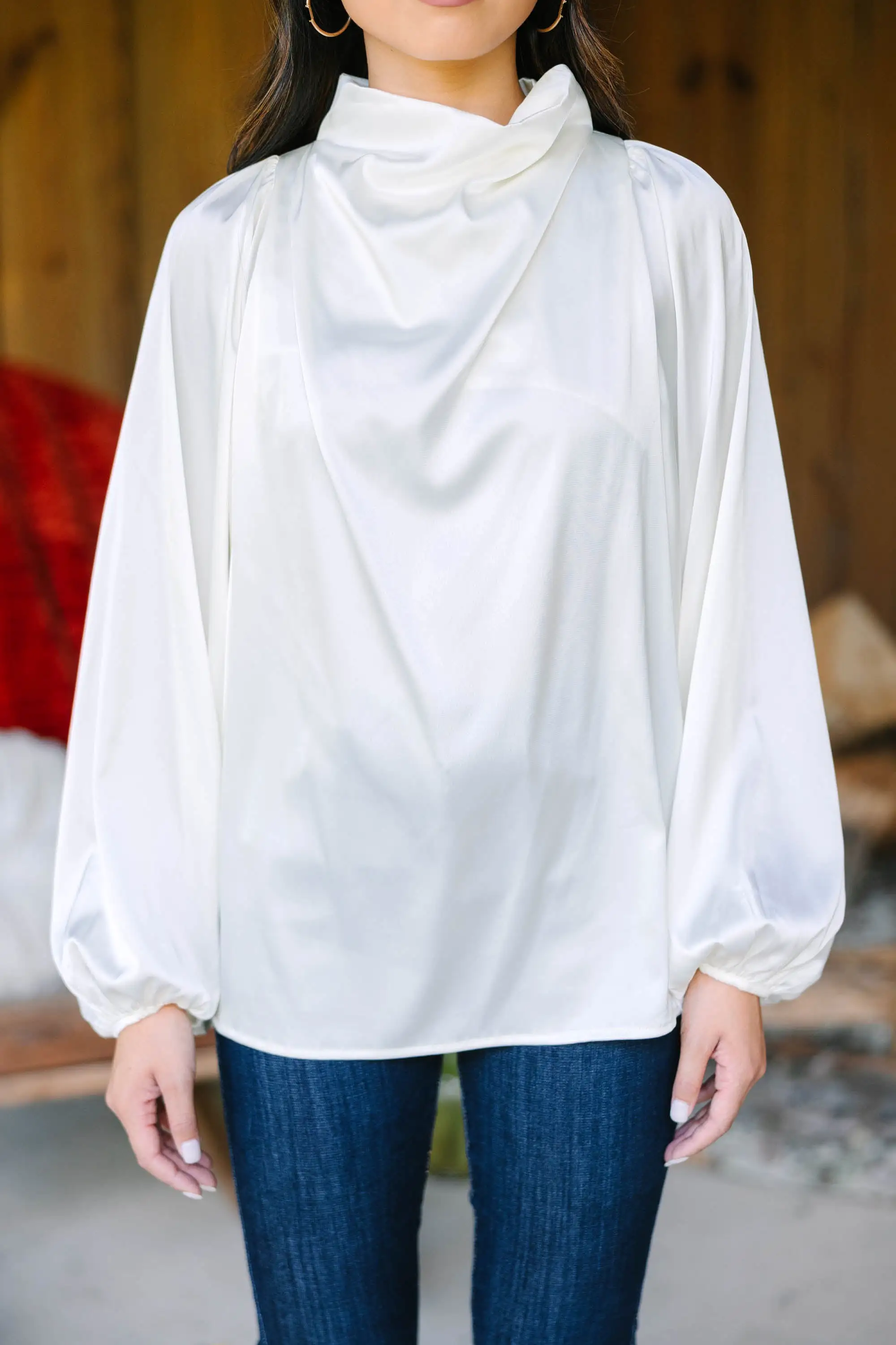 Embrace The Joy Ivory White Satin Blouse