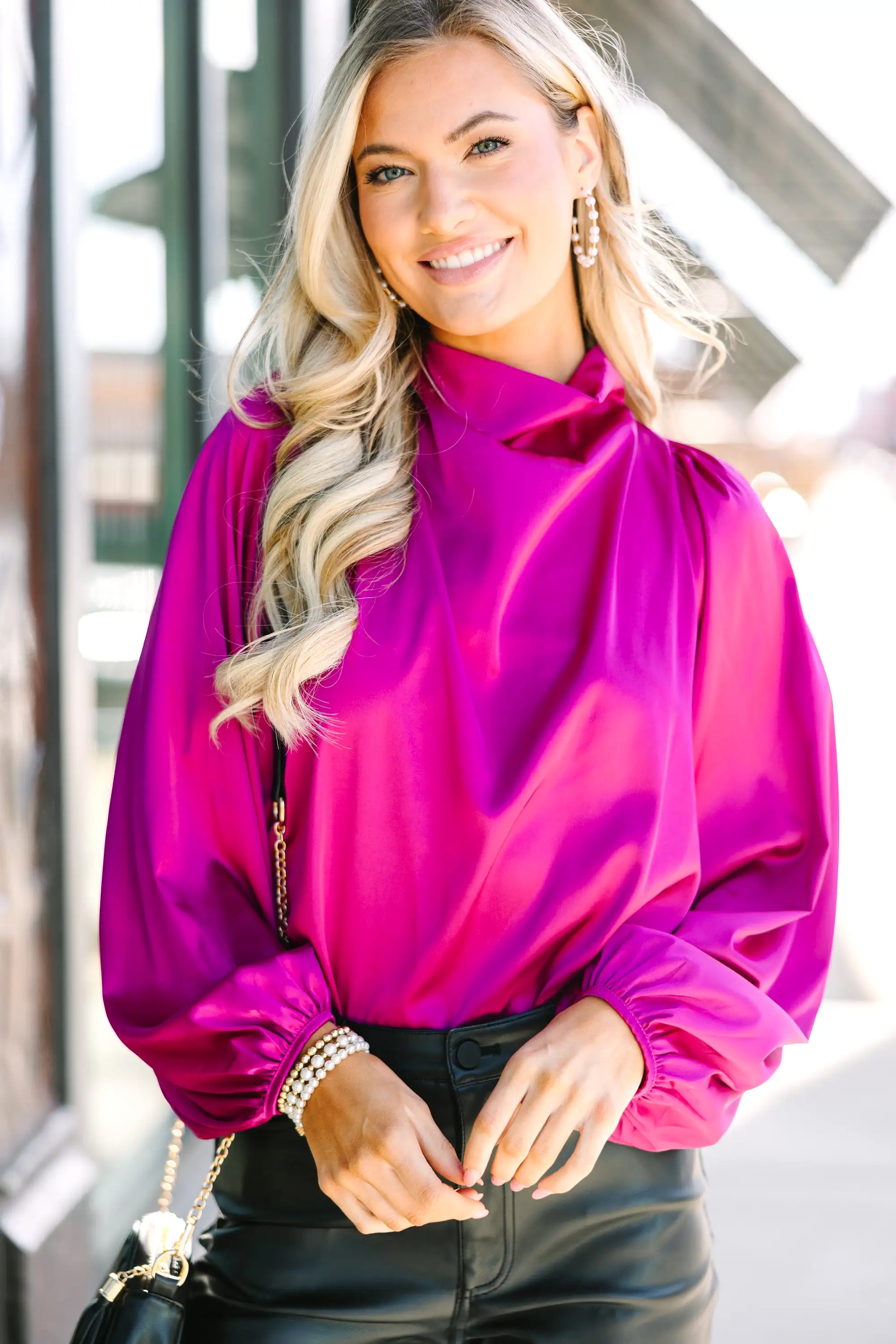 Embrace The Joy Magenta Purple Satin Blouse