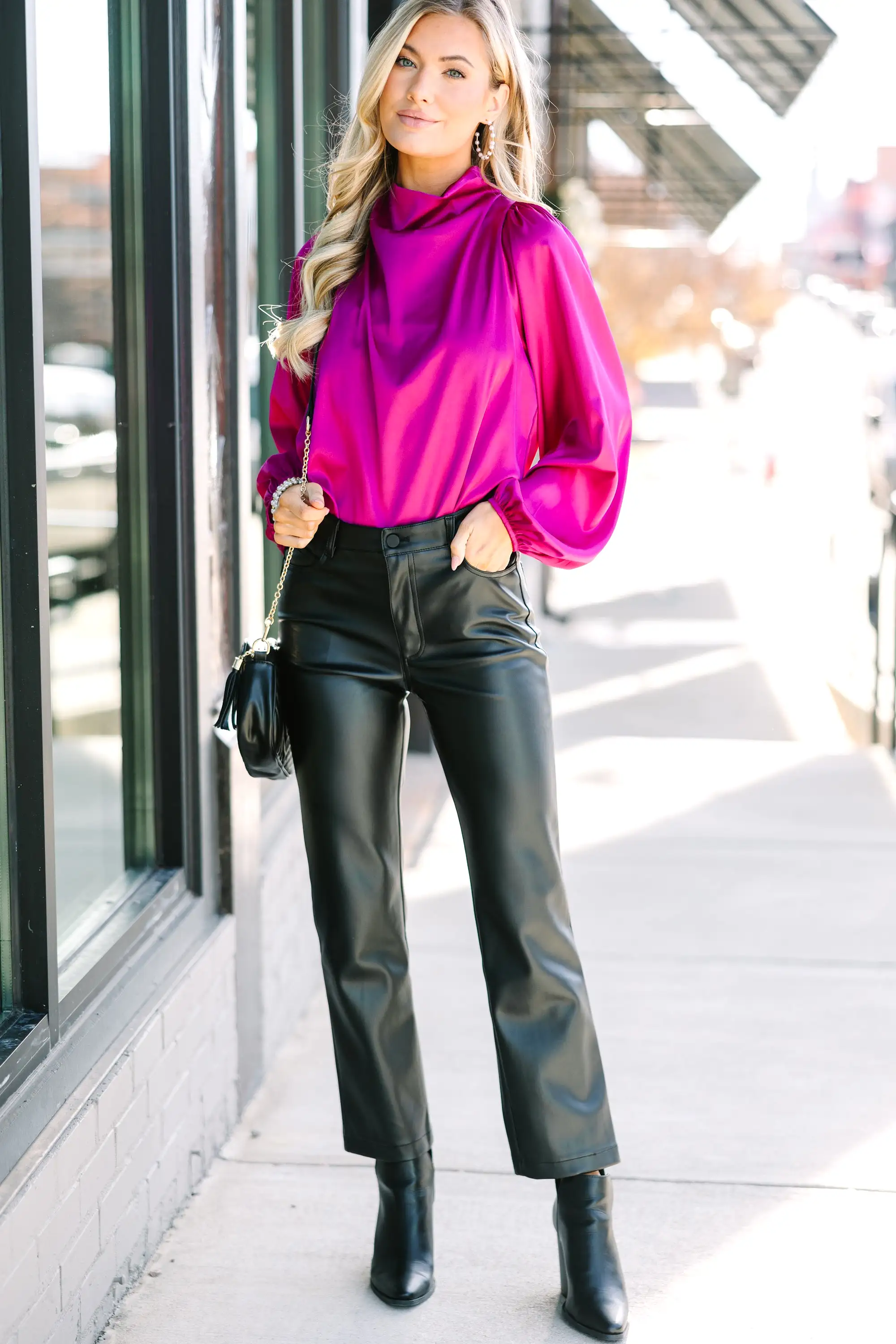 Embrace The Joy Magenta Purple Satin Blouse