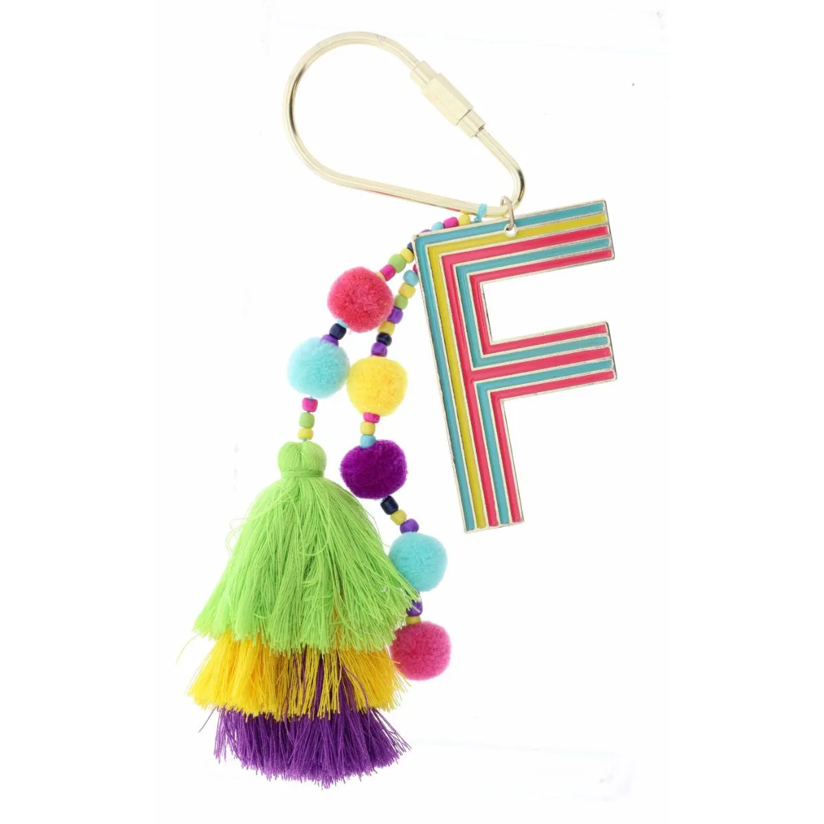 Enamel F With Multi Beaded Strands, Poms, Stacked Tassel Keychain