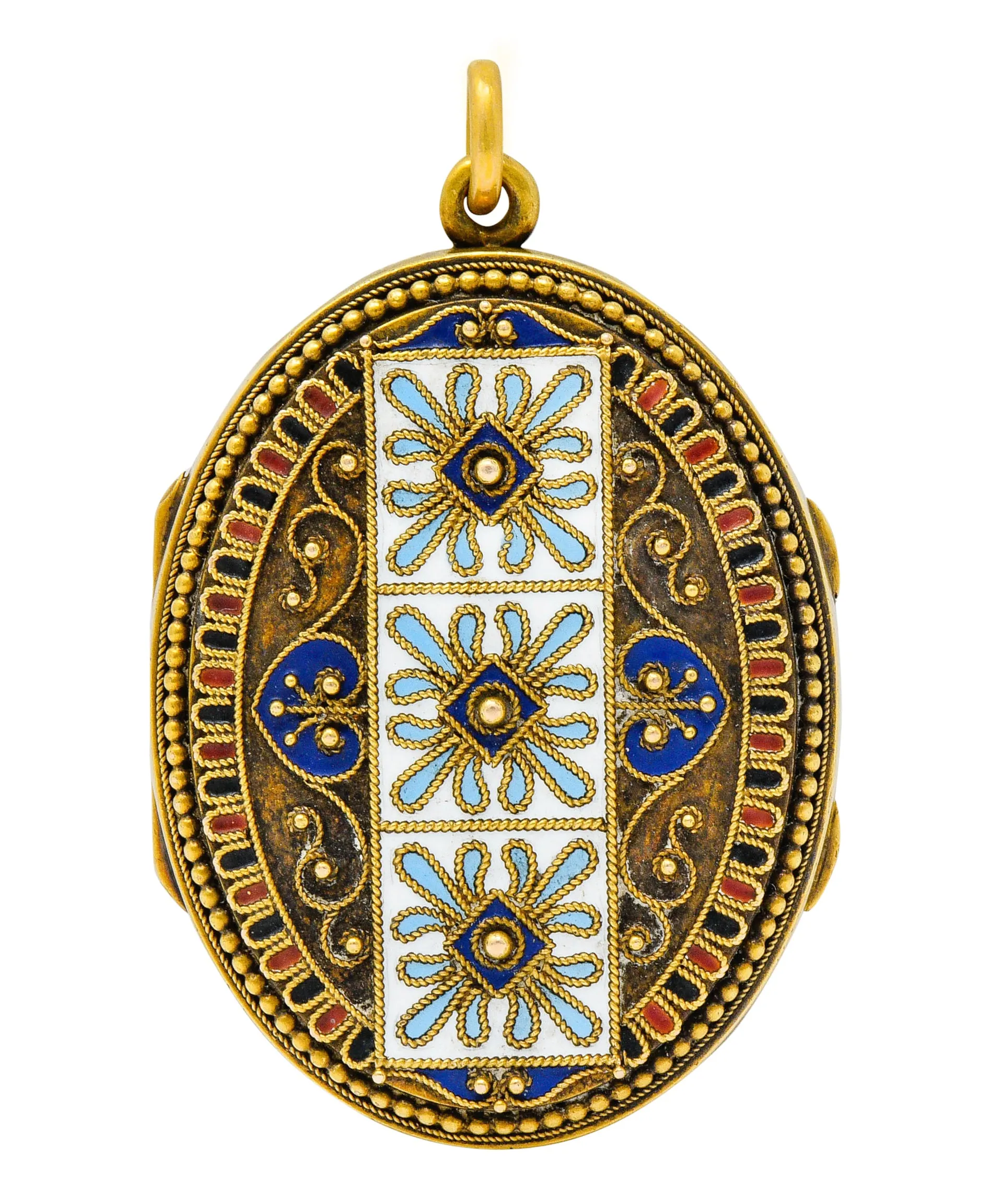 Etruscan Revival Victorian Enamel 14 Karat Gold Beaded Locket Circa 1870