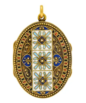 Etruscan Revival Victorian Enamel 14 Karat Gold Beaded Locket Circa 1870