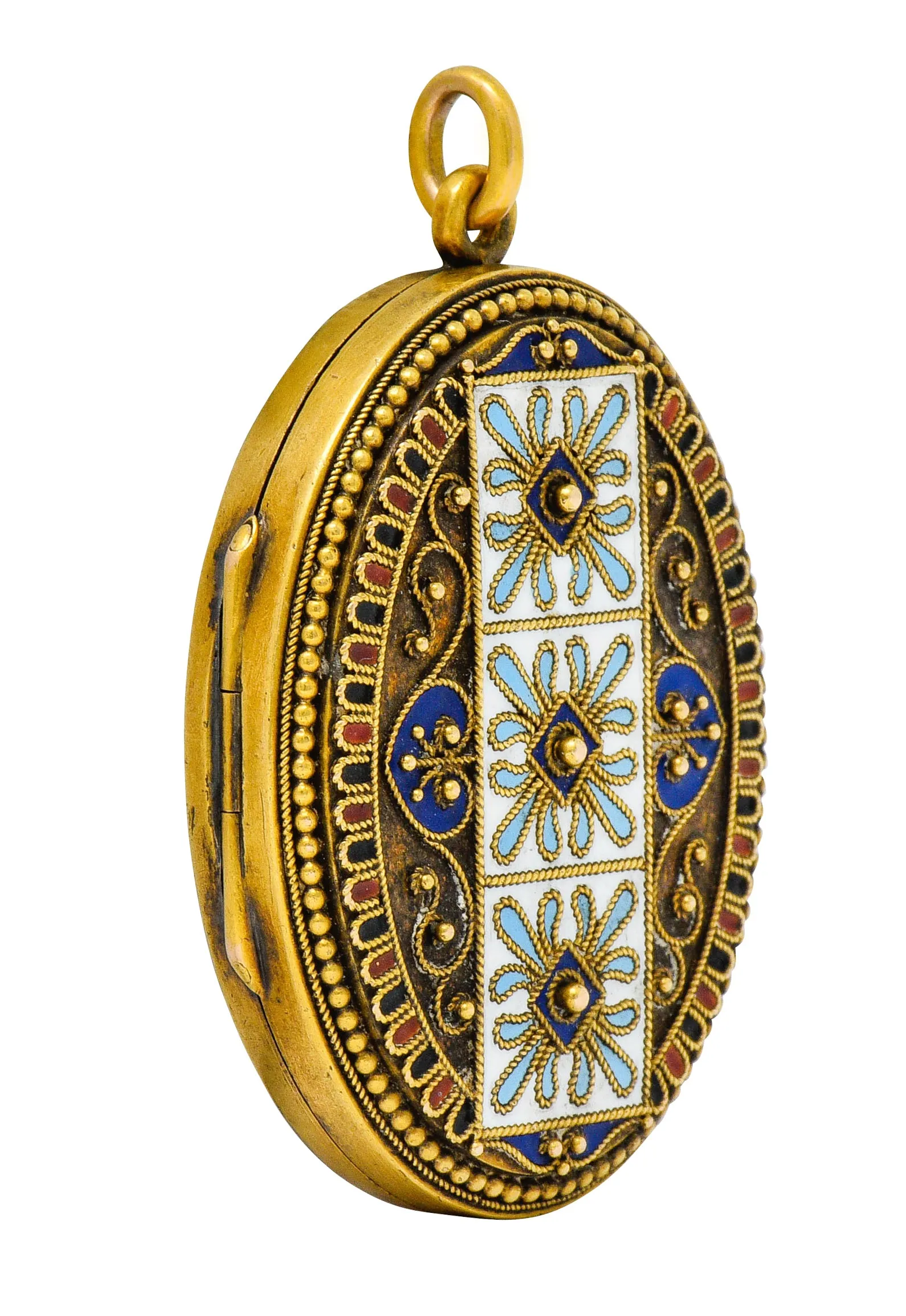 Etruscan Revival Victorian Enamel 14 Karat Gold Beaded Locket Circa 1870