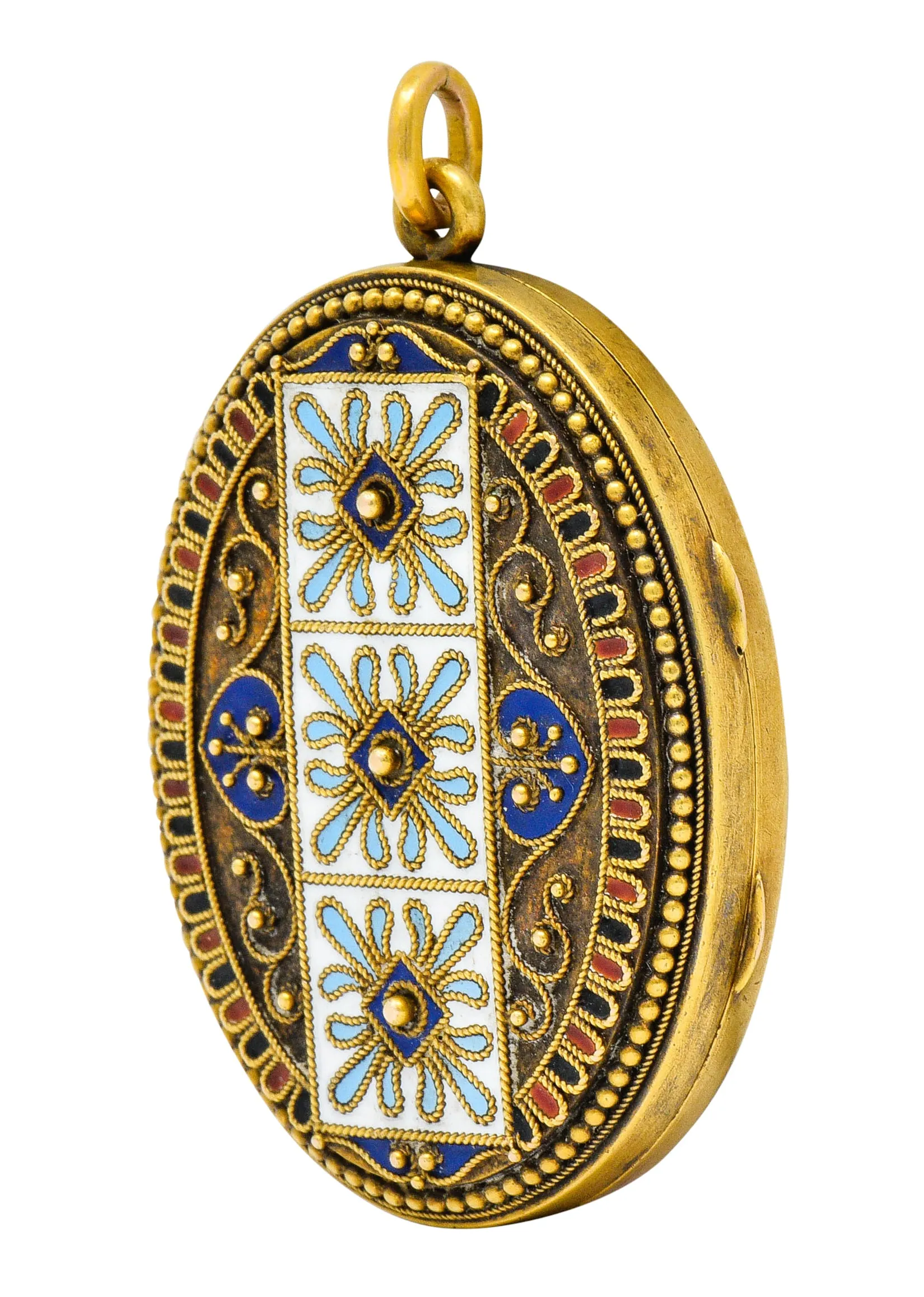 Etruscan Revival Victorian Enamel 14 Karat Gold Beaded Locket Circa 1870