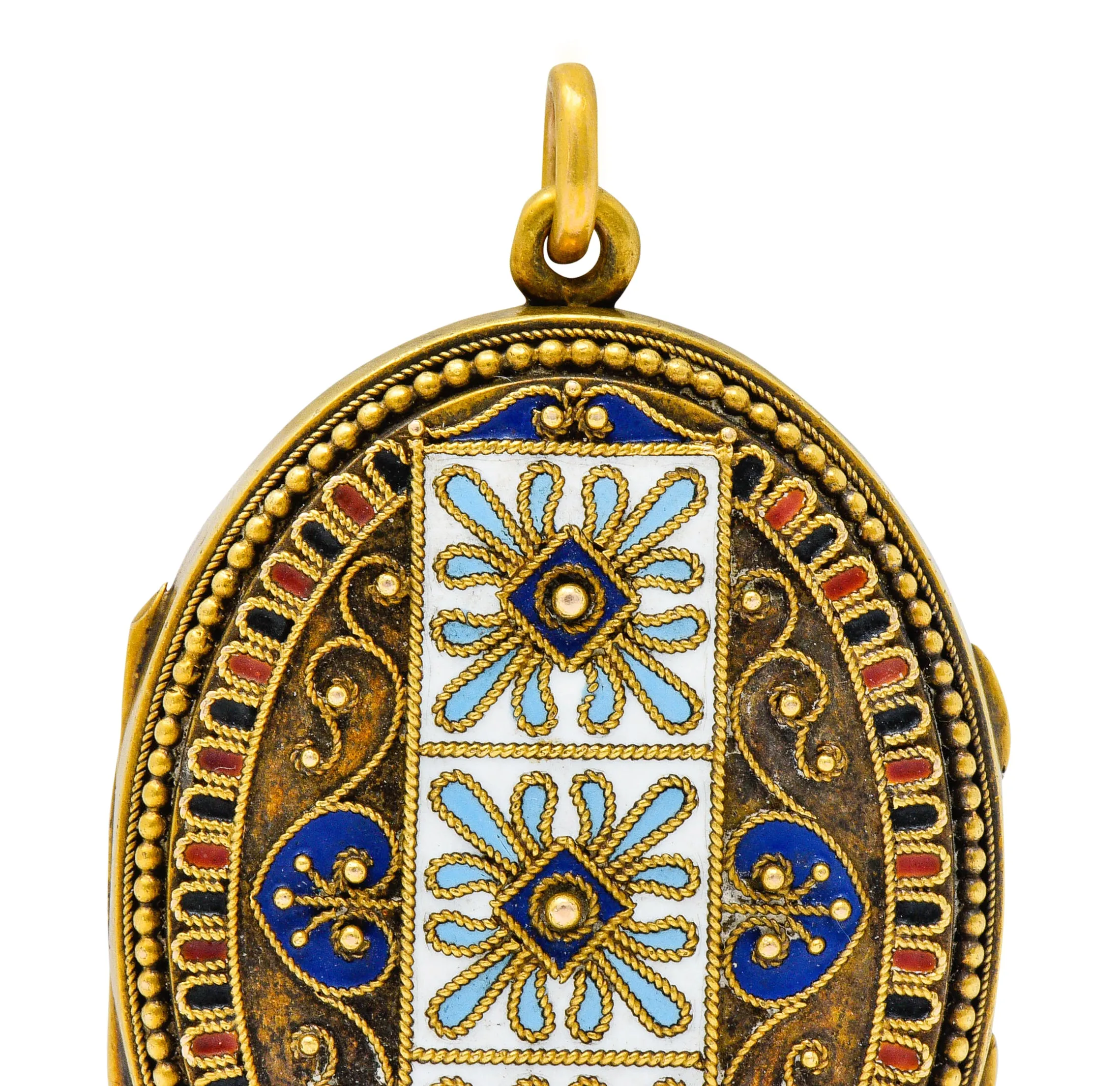 Etruscan Revival Victorian Enamel 14 Karat Gold Beaded Locket Circa 1870