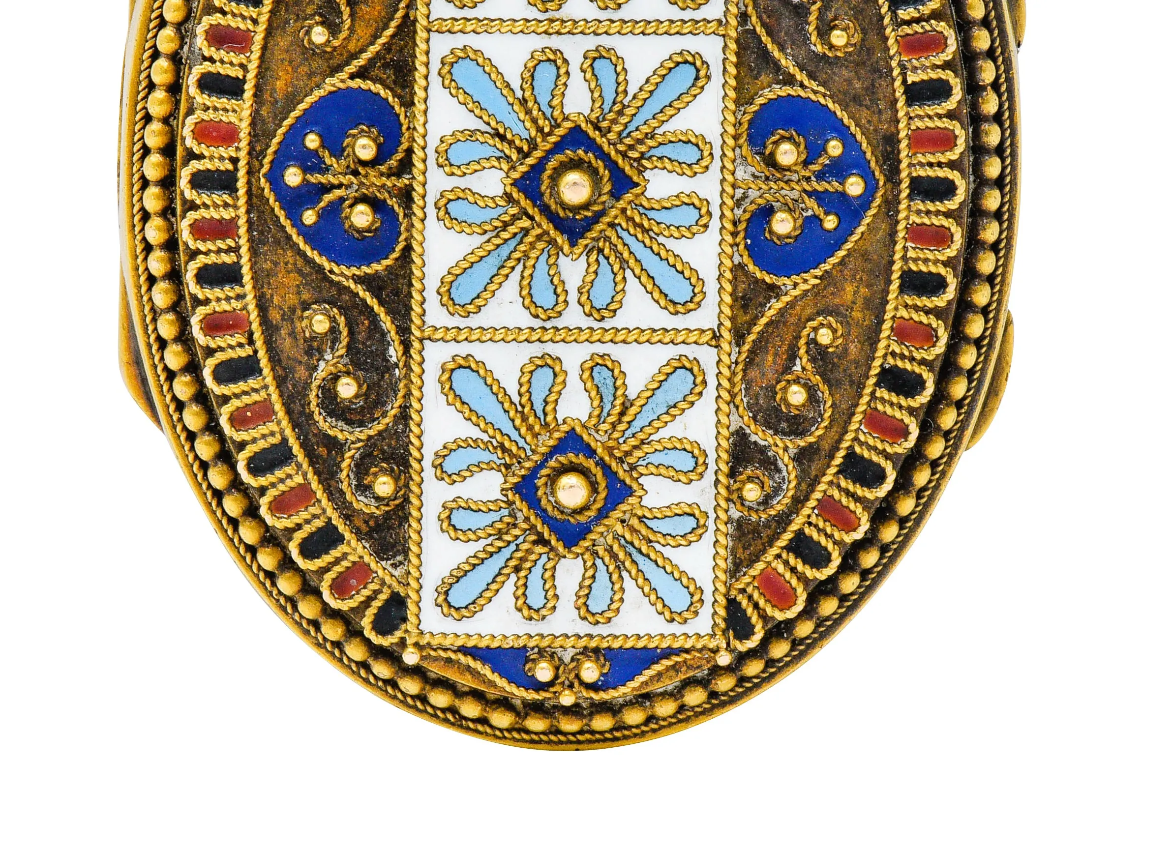 Etruscan Revival Victorian Enamel 14 Karat Gold Beaded Locket Circa 1870