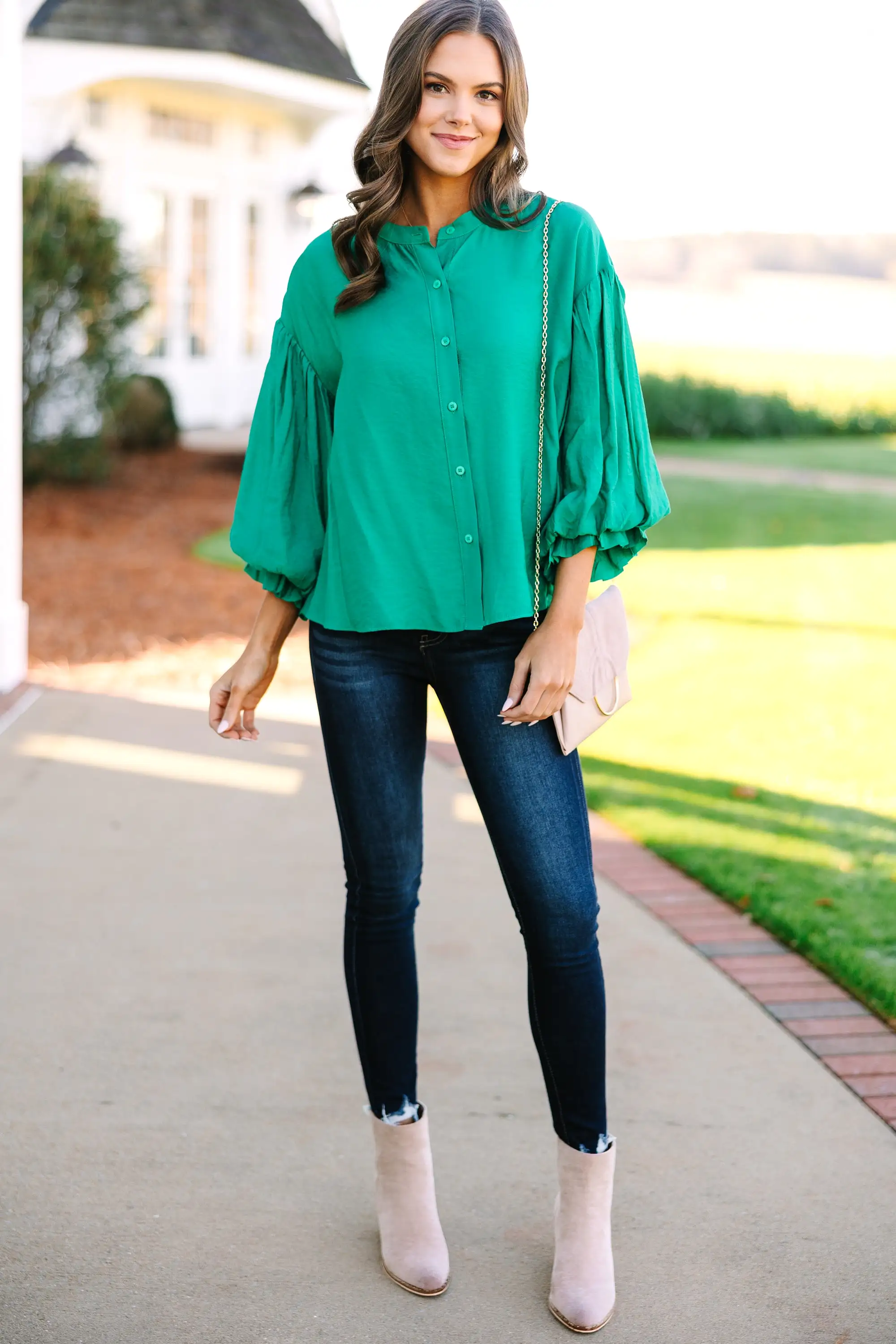 Fate: Far From Over Kelly Green Puff Sleeve Blouse