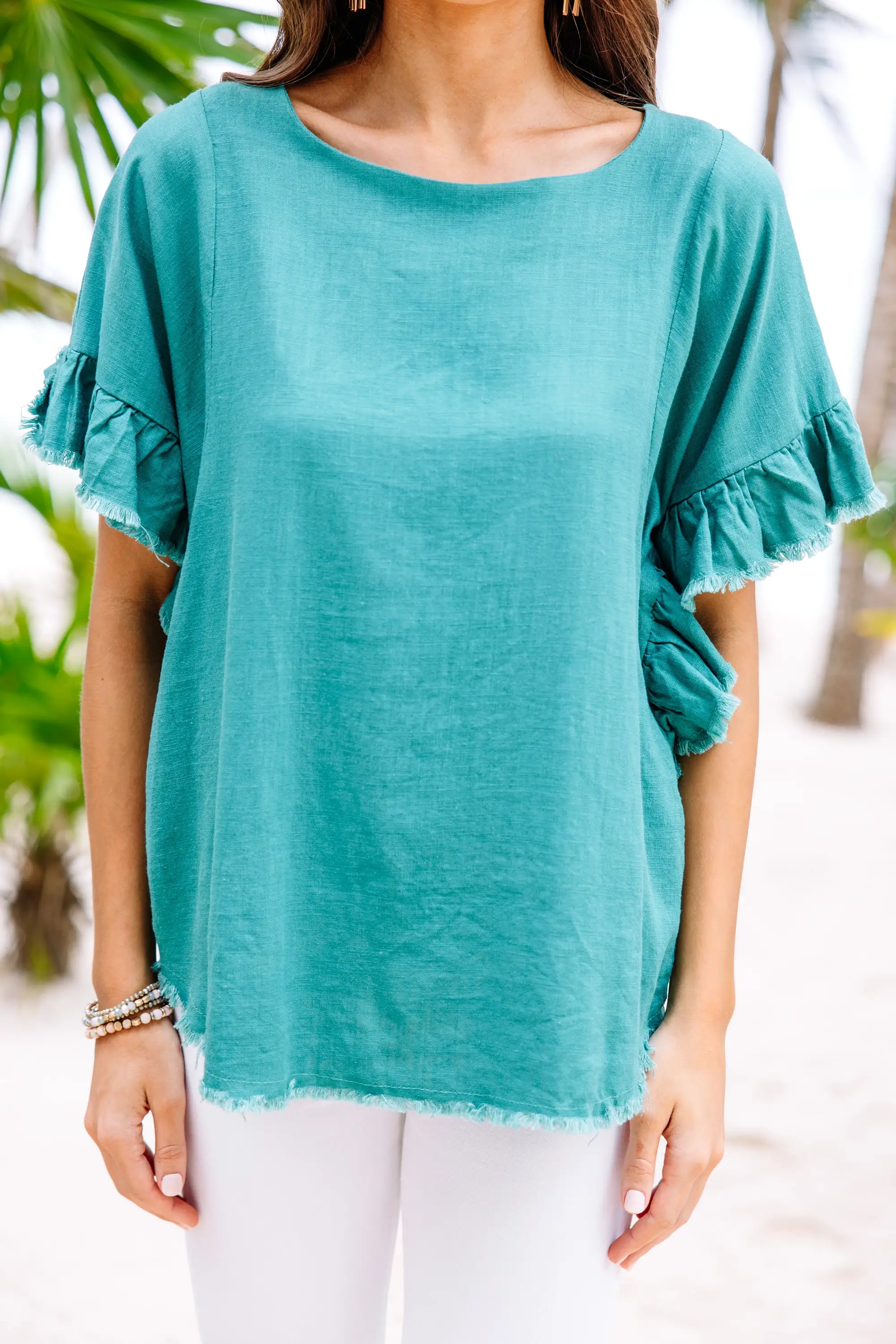 Find You Out Lagoon Green Linen Top