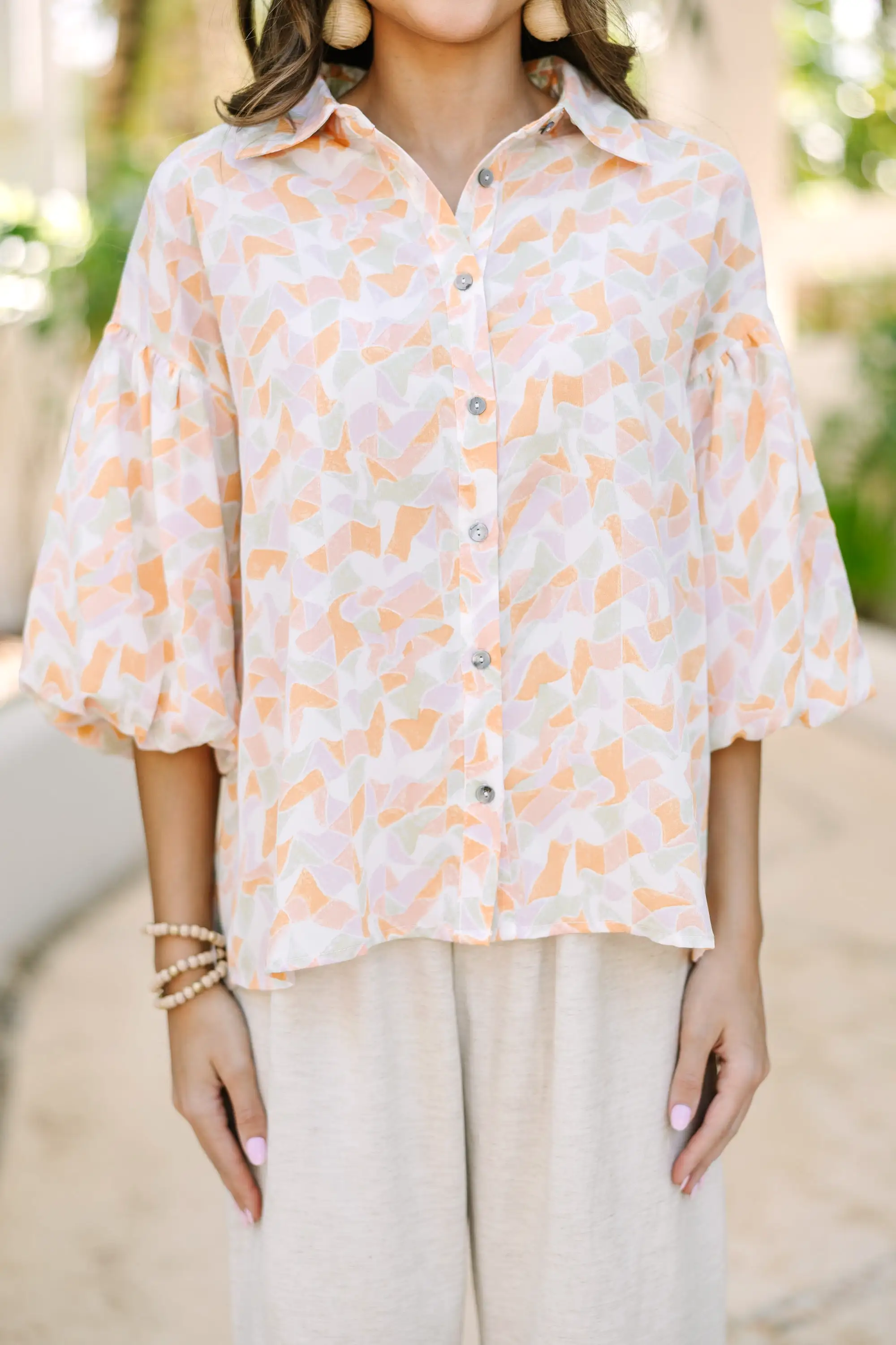 First Impressions Peach Pink Abstract Blouse