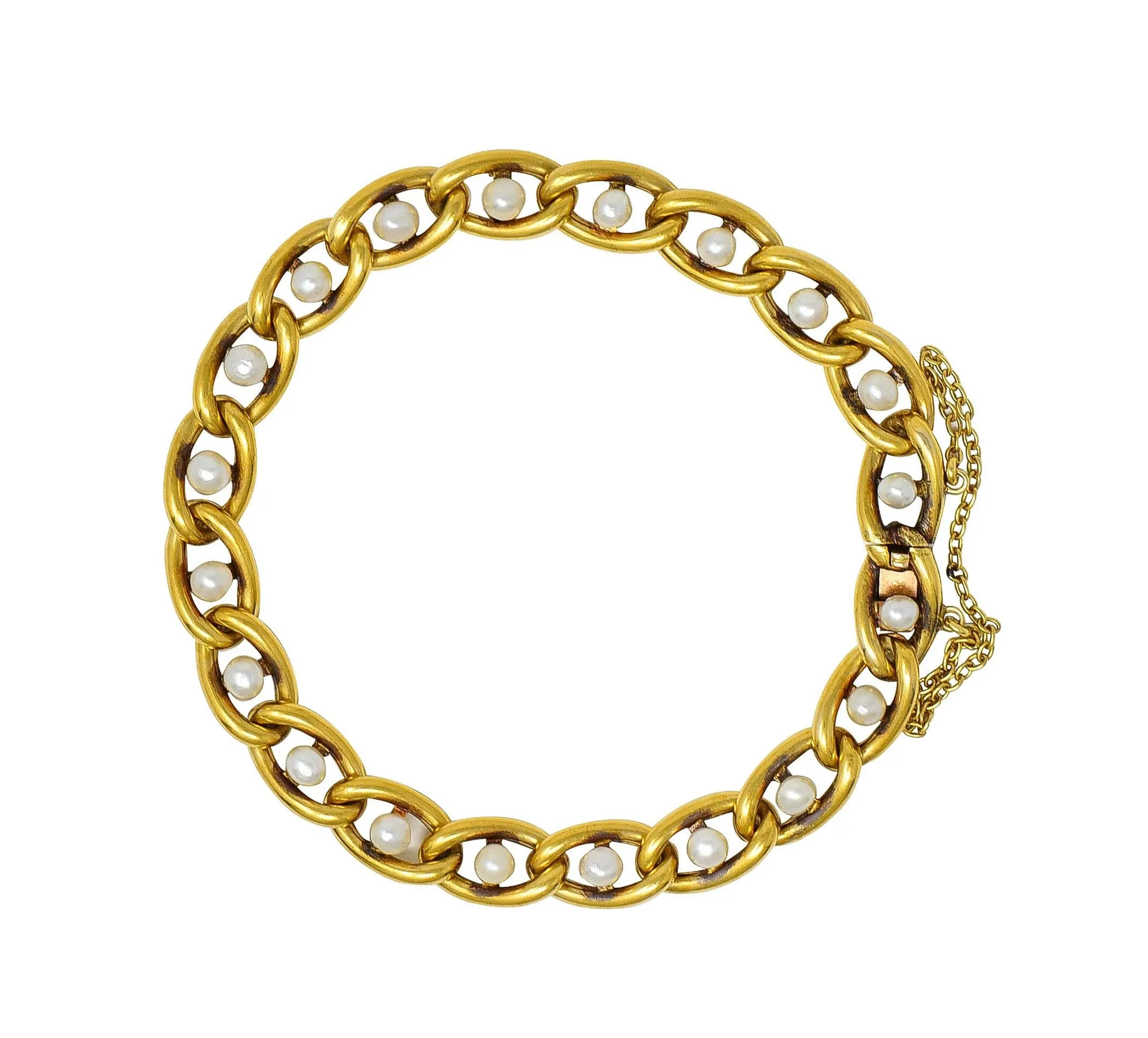 French Edwardian Pearl 18 Karat Yellow Gold Antique Curb Link Bracelet