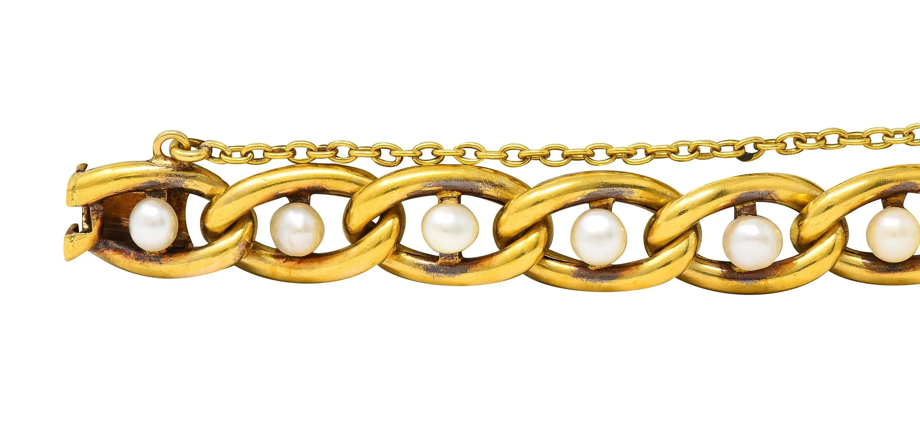 French Edwardian Pearl 18 Karat Yellow Gold Antique Curb Link Bracelet