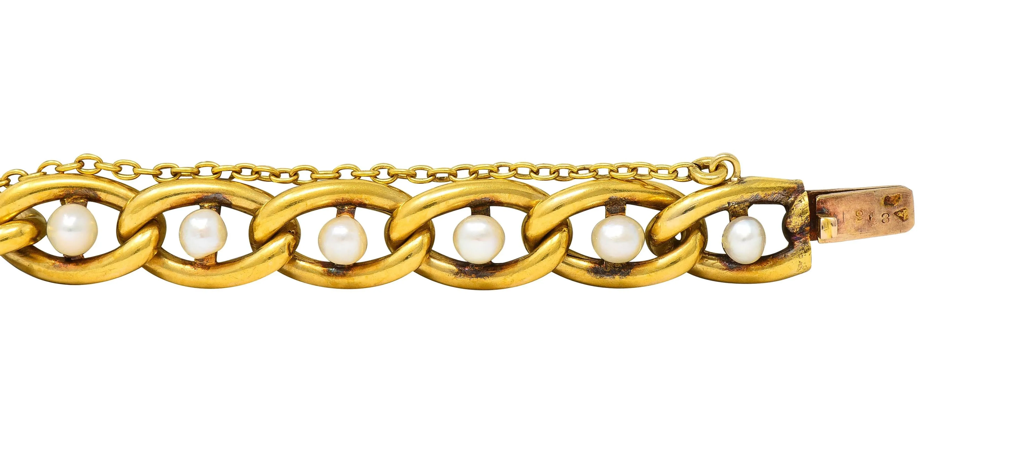 French Edwardian Pearl 18 Karat Yellow Gold Antique Curb Link Bracelet