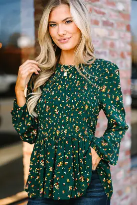 Getting Close Hunter Green Ditsy Floral Blouse