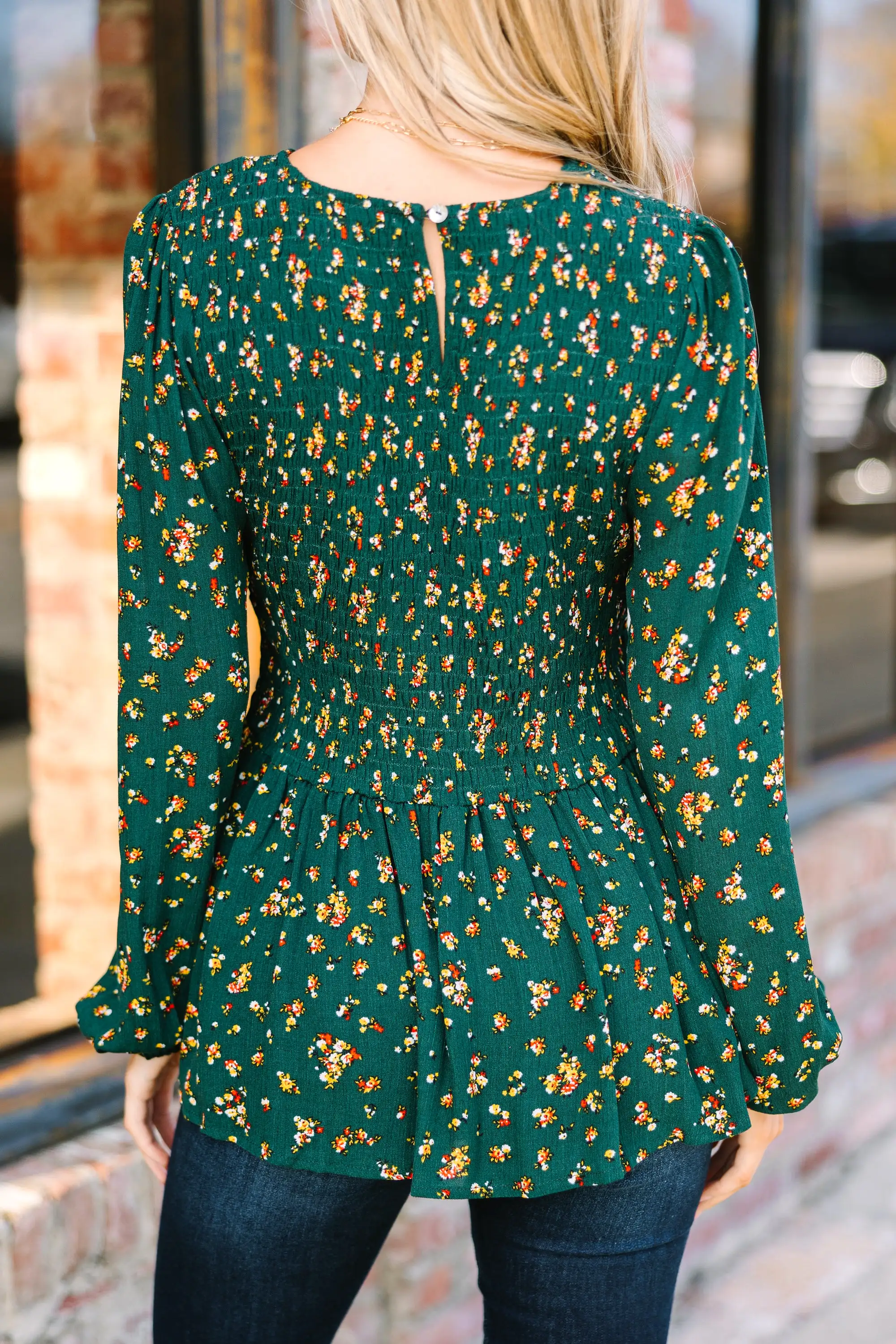 Getting Close Hunter Green Ditsy Floral Blouse