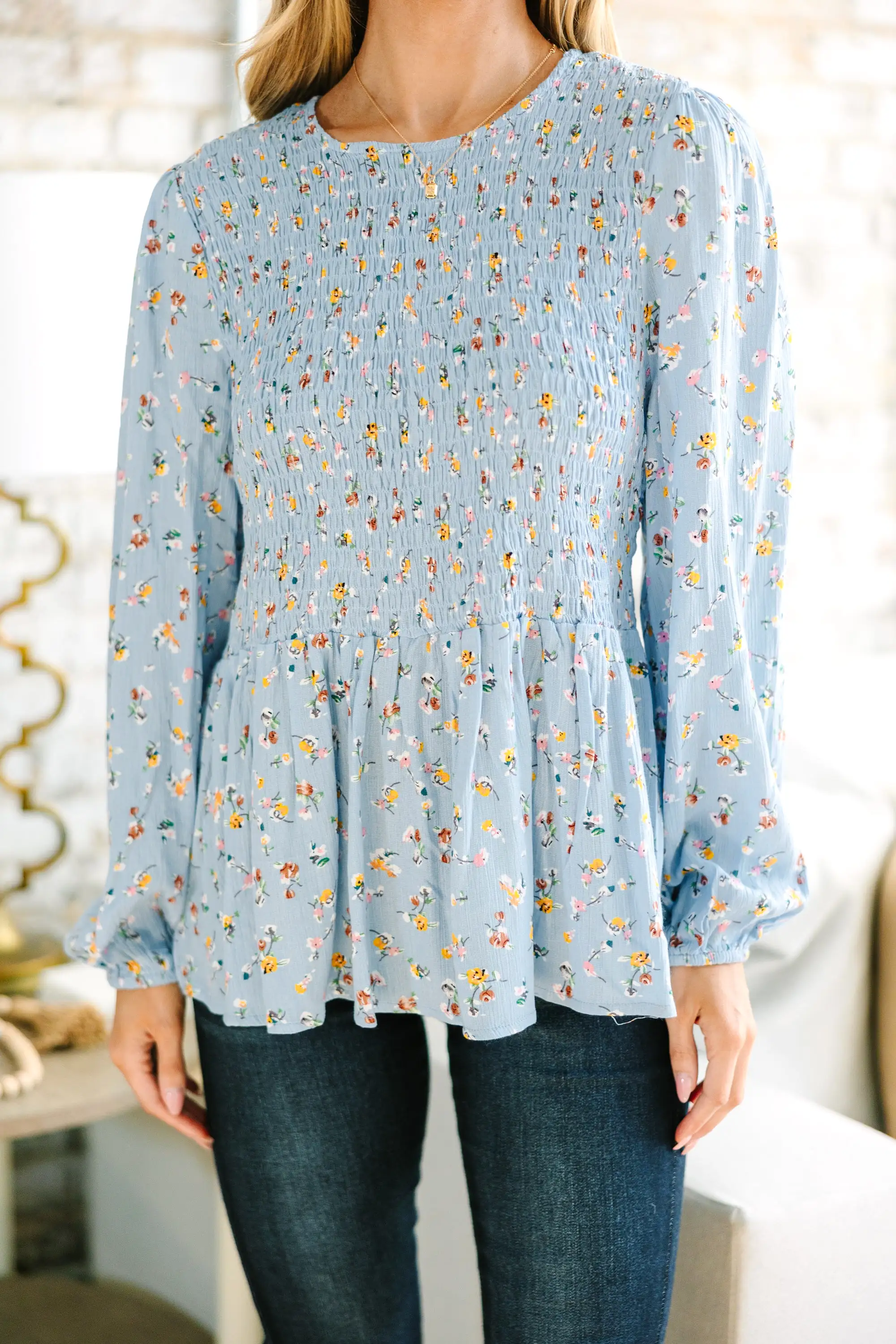 Getting Close Light Blue Ditsy Floral Blouse