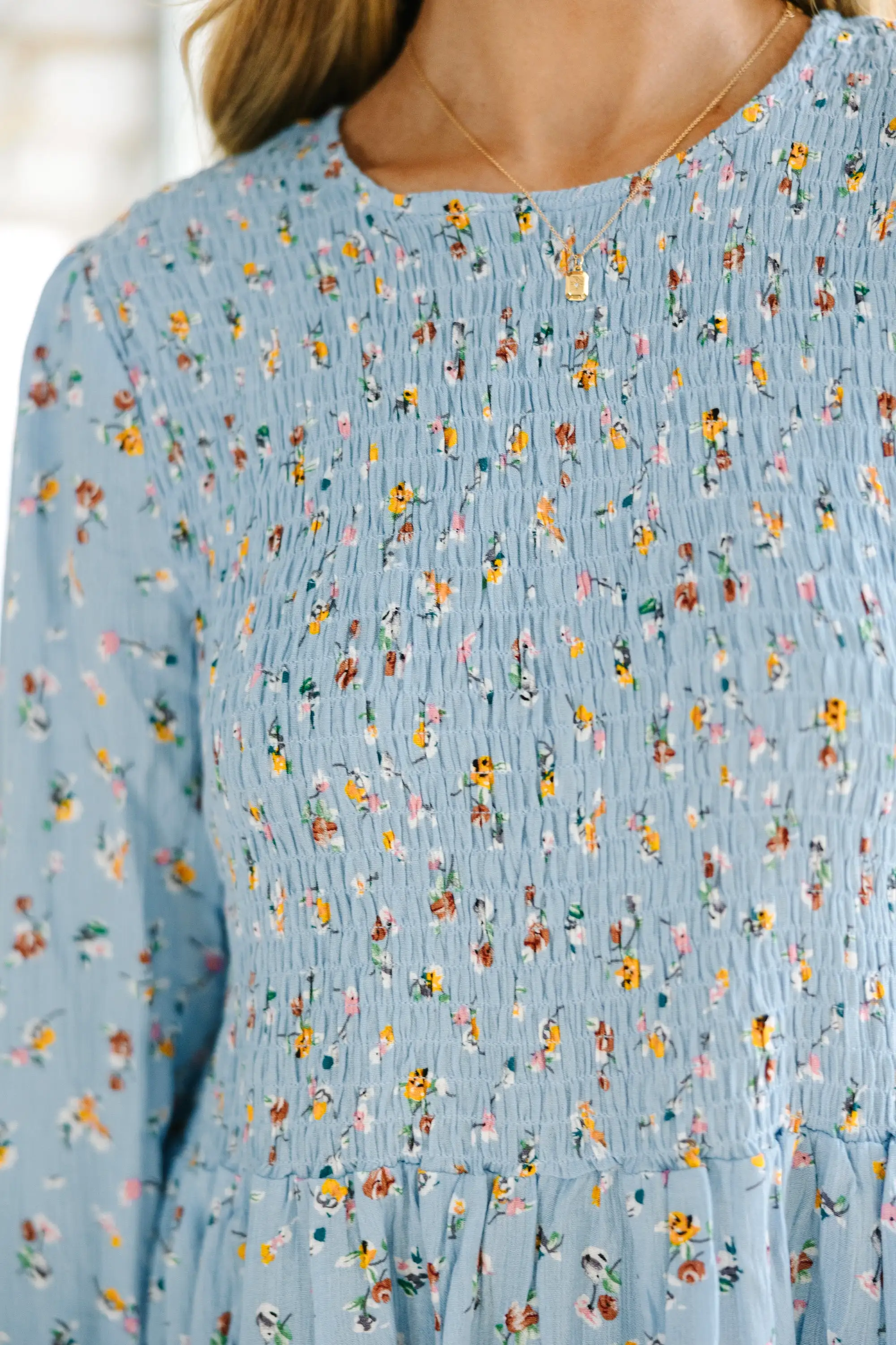 Getting Close Light Blue Ditsy Floral Blouse