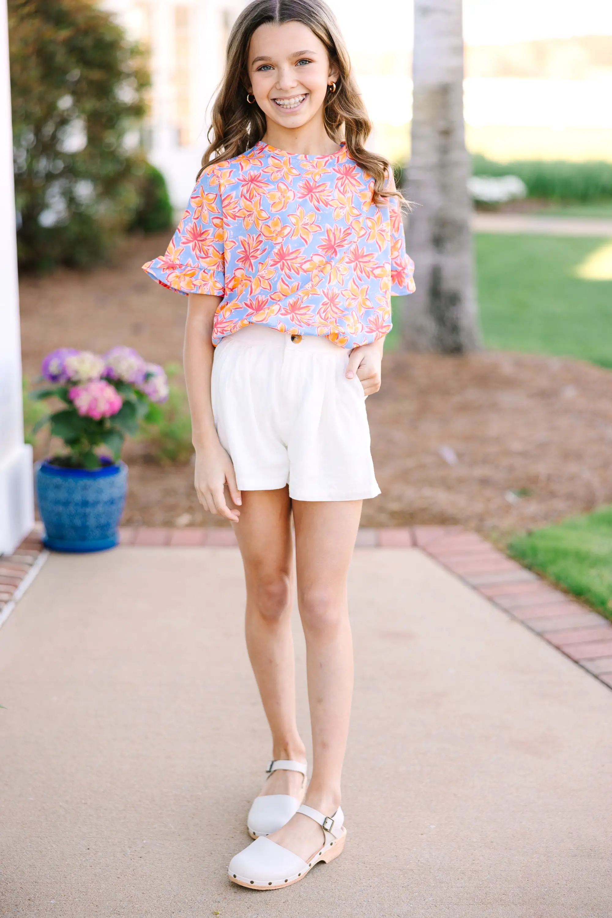 Girls: All I Ask Light Blue Floral Ruffled Top