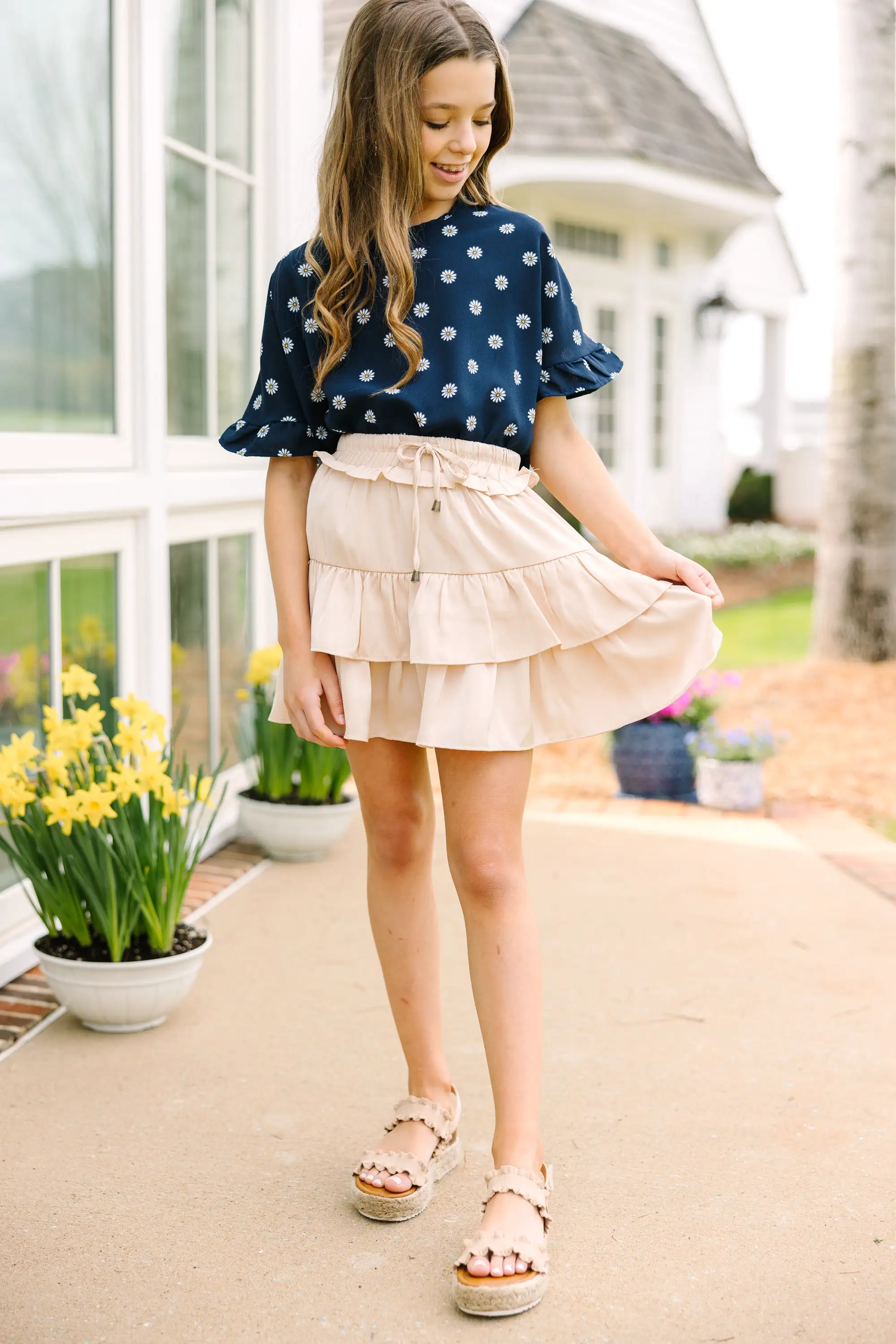 Girls: All I Ask Navy Blue Floral Ruffled Top