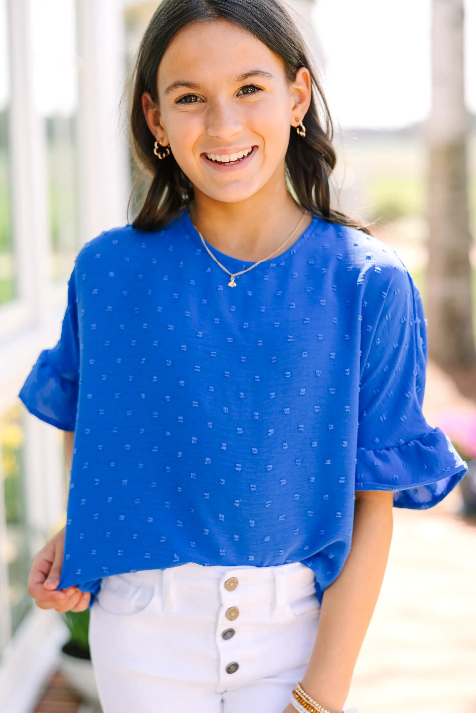 Girls: All I Ask Royal Blue Swiss Dot Ruffled Top