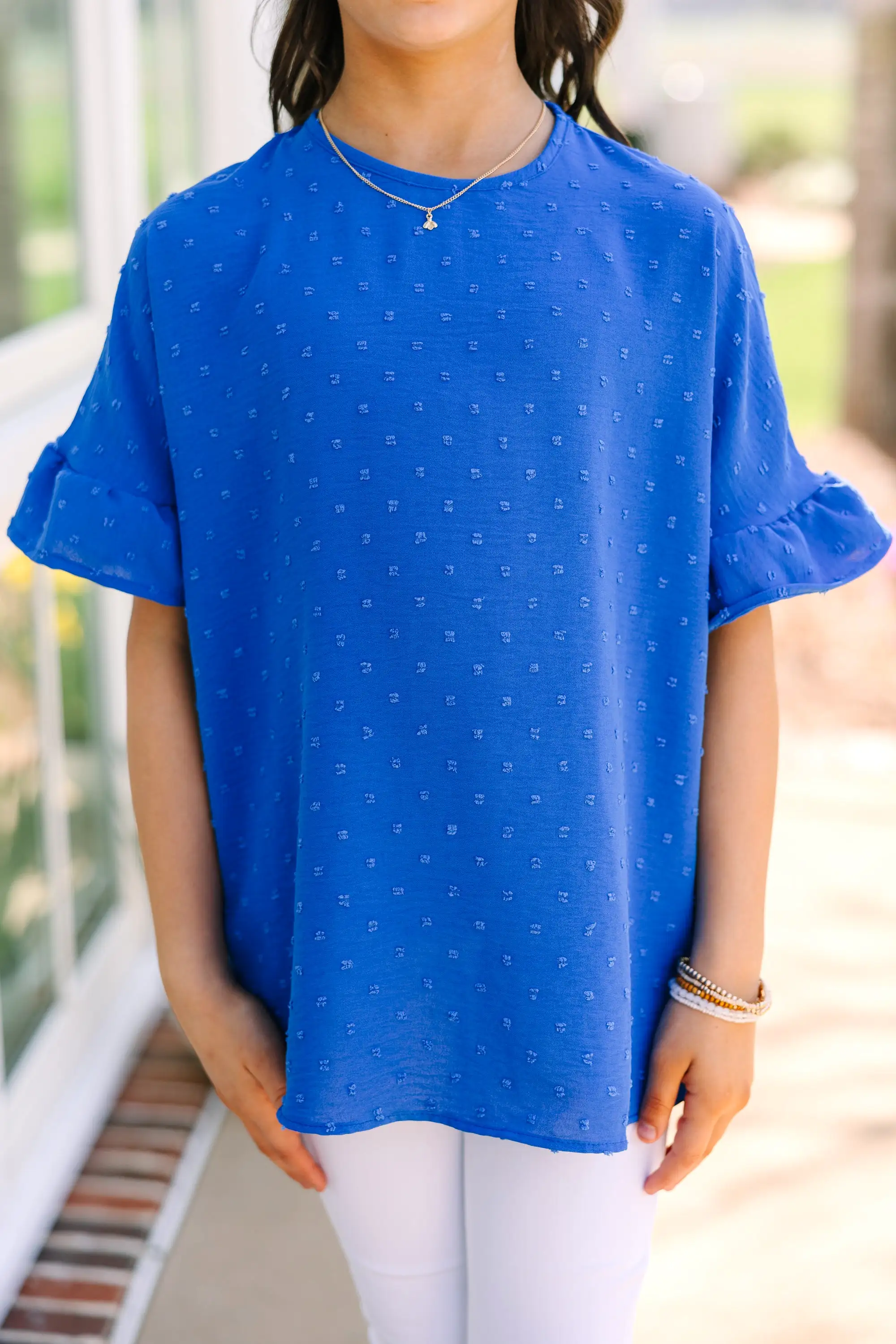 Girls: All I Ask Royal Blue Swiss Dot Ruffled Top