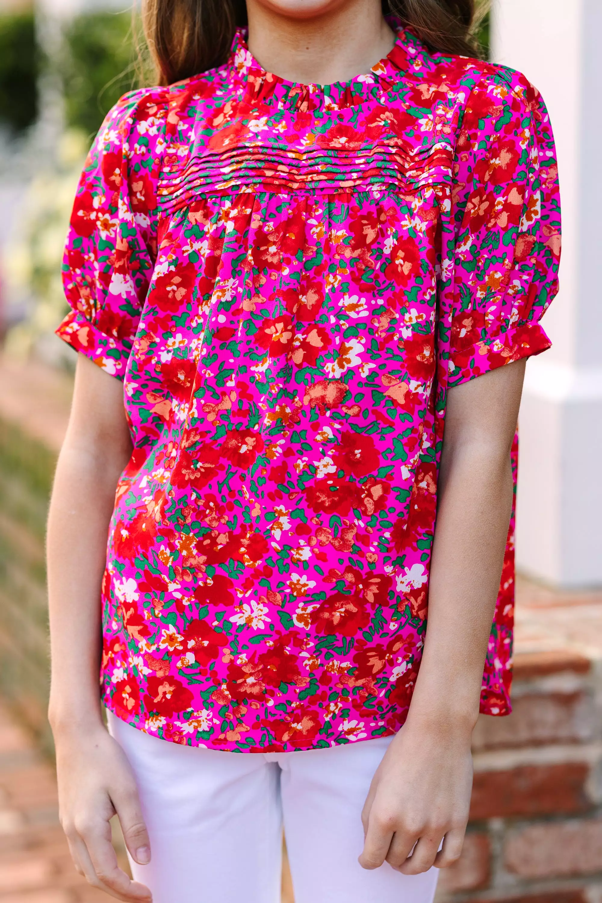 Girls: Make A Choice Fuchsia Pink Ditsy Floral Blouse