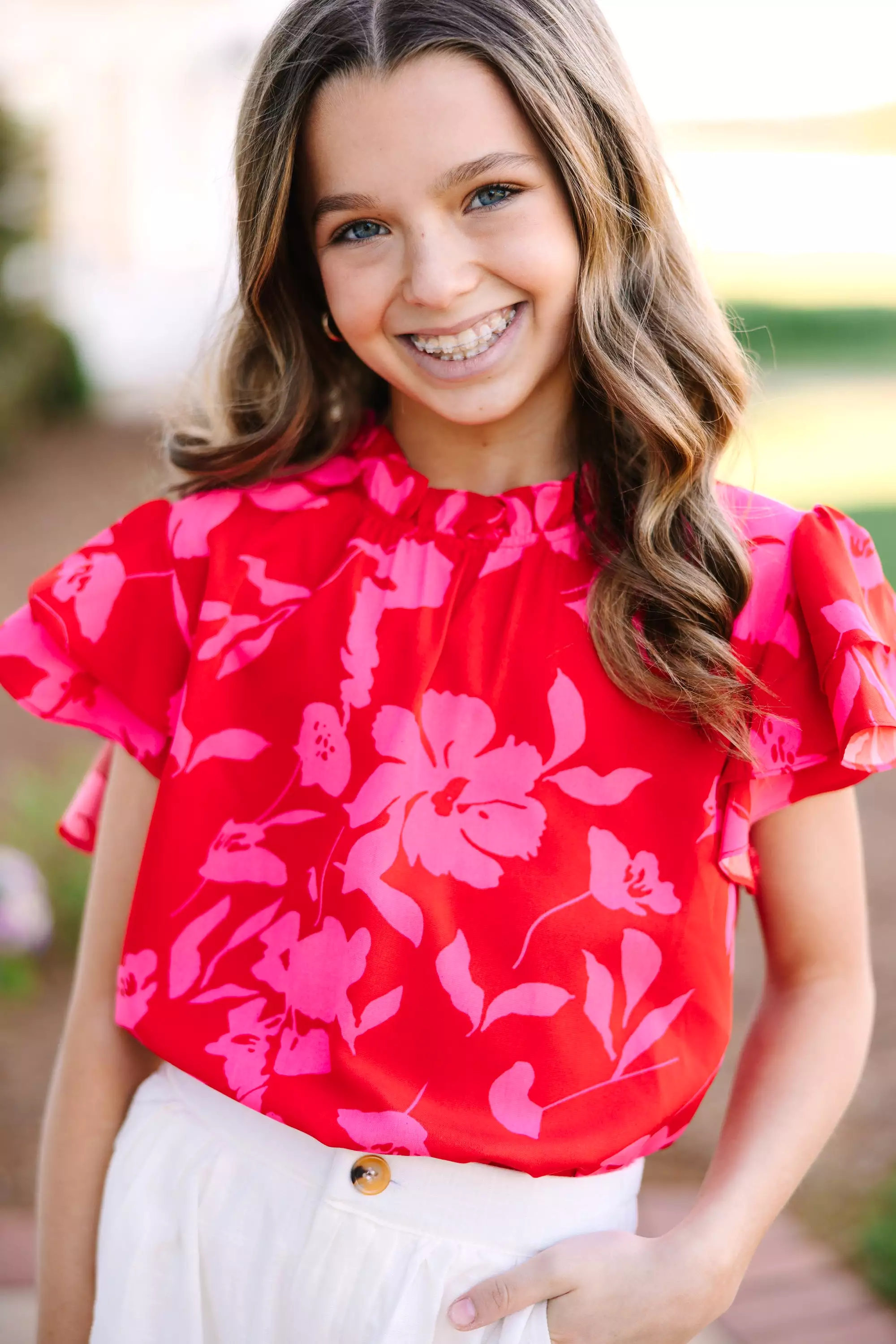 Girls: On My Heart Red Floral Blouse