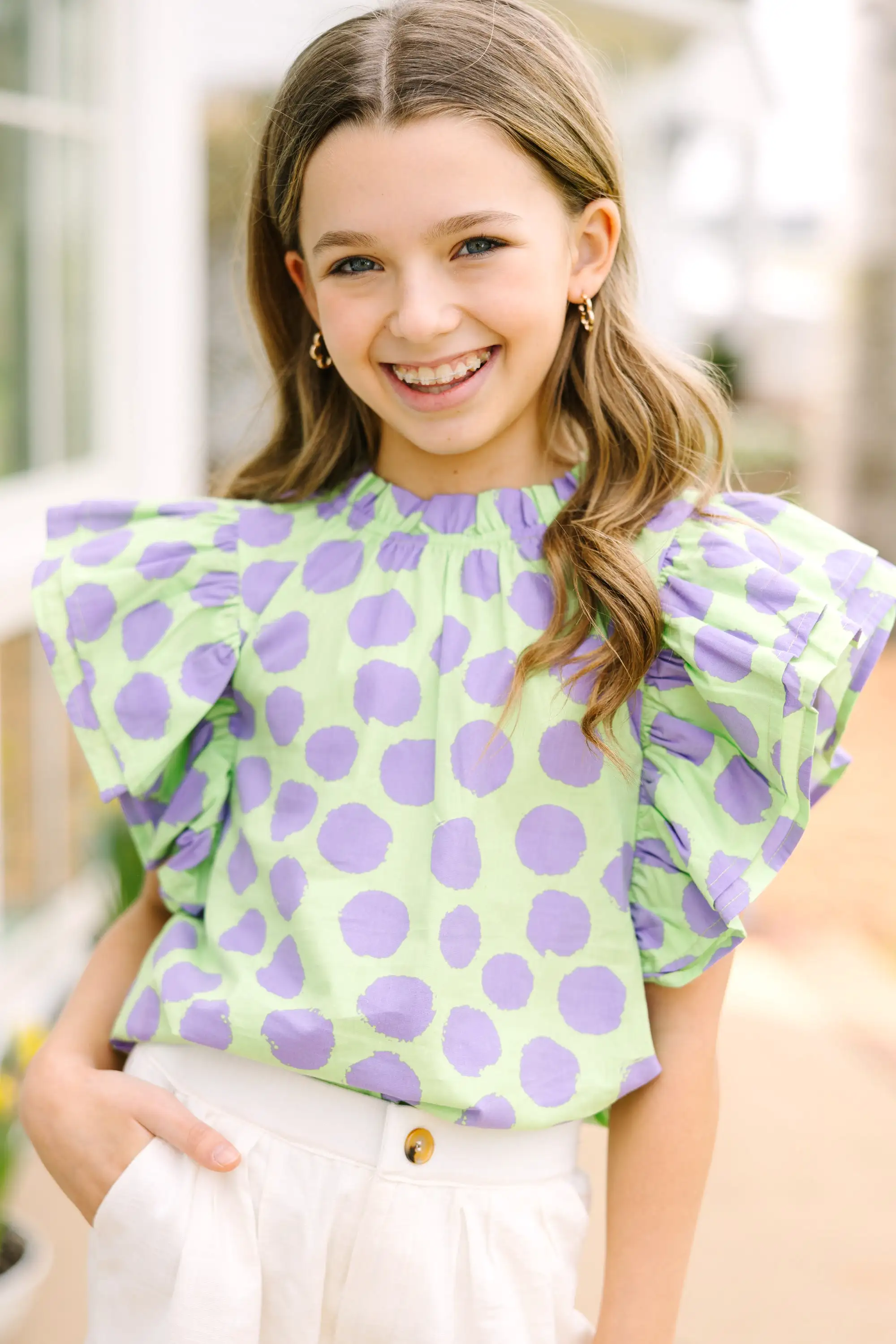 Girls: True Self Green Polka Dot Ruffled Blouse