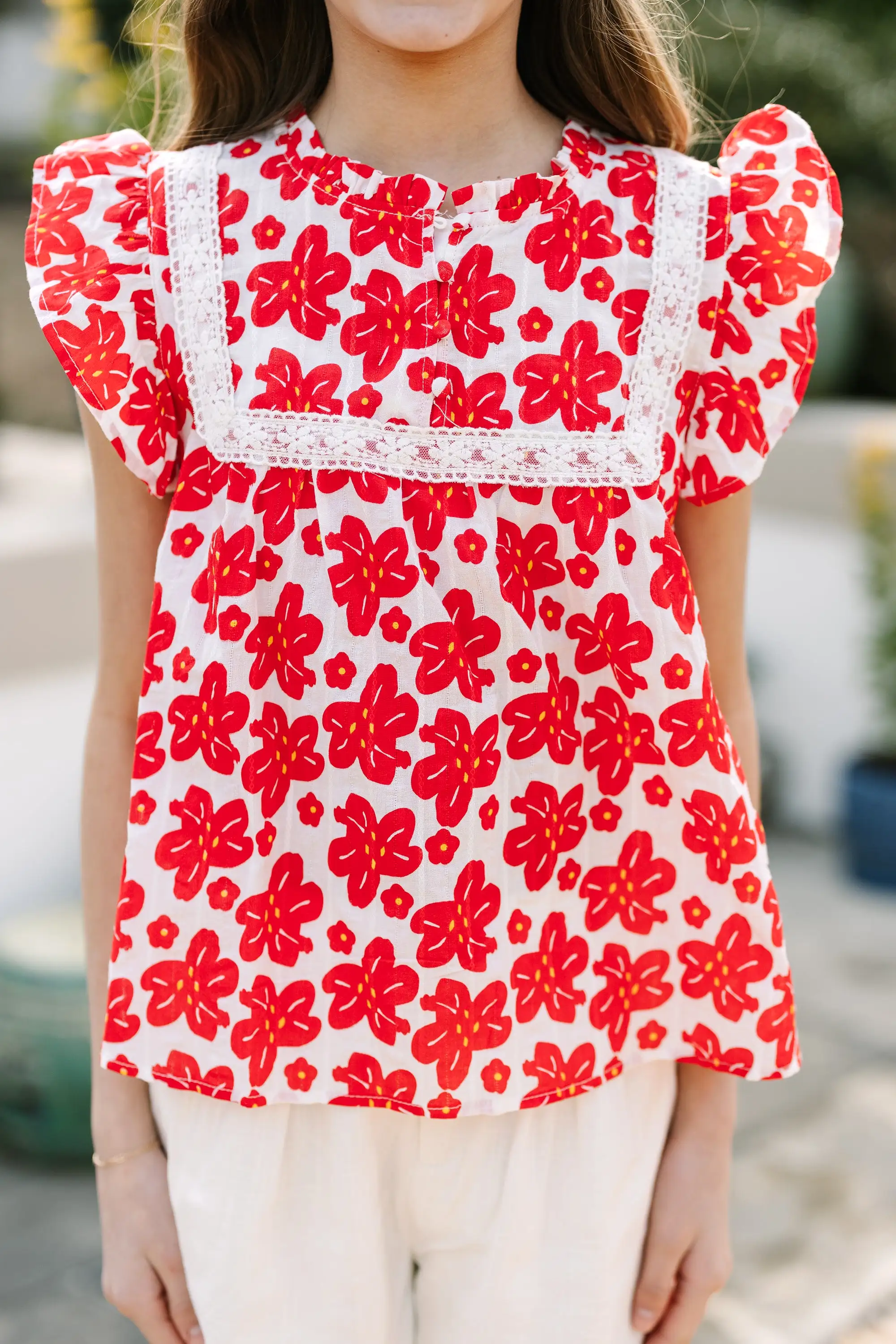 Girls: Where You Go Red Floral Blouse