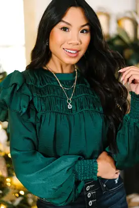 Going Out Hunter Green Ruffled Satin Blouse