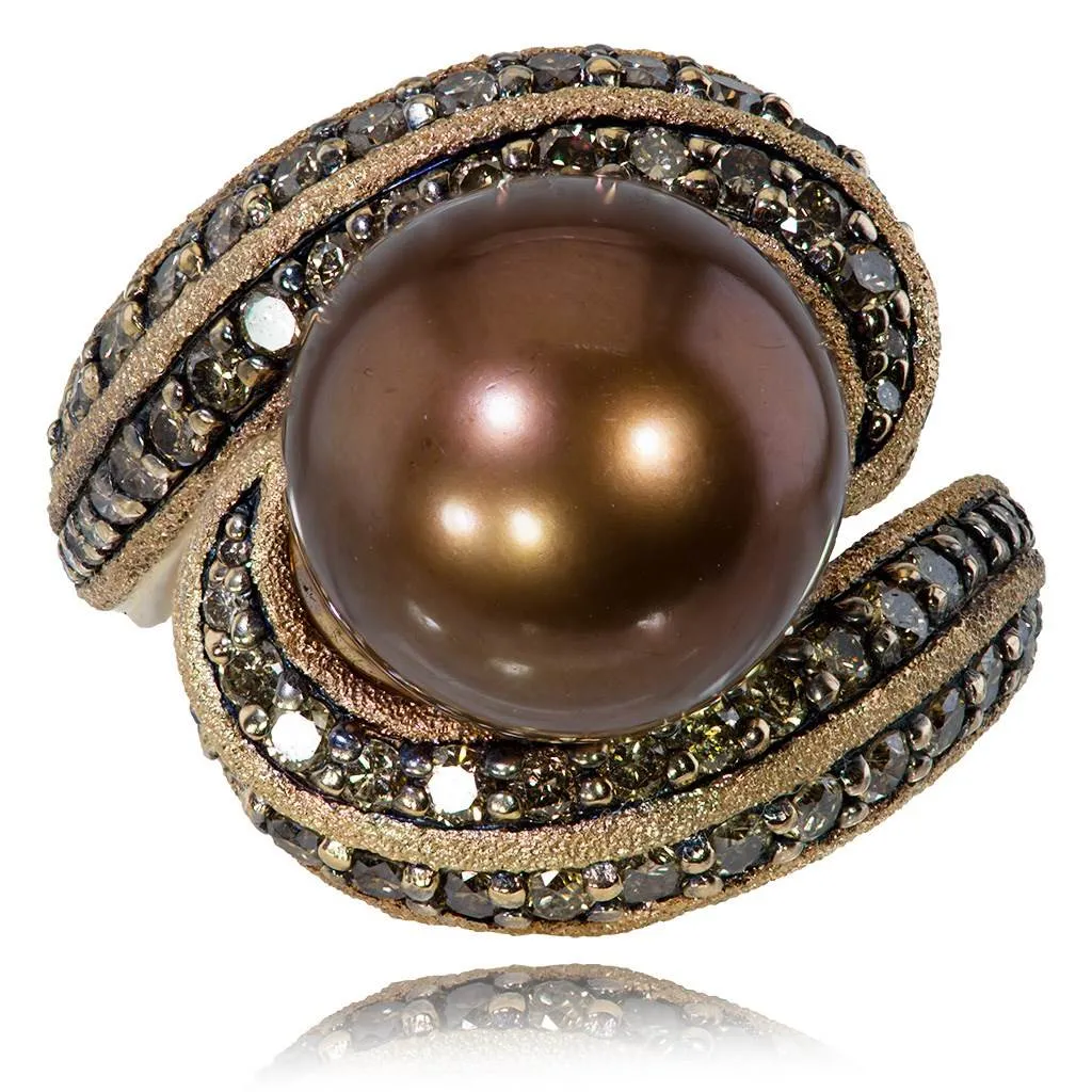 Gold Twist Ring With Chocolate Pearl & Diamonds