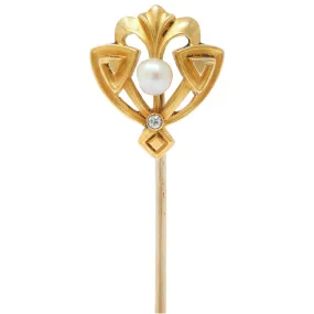 Henry Blank & Co. Art Nouveau Pearl 14 Karat Yellow Gold Antique Shield Stickpin