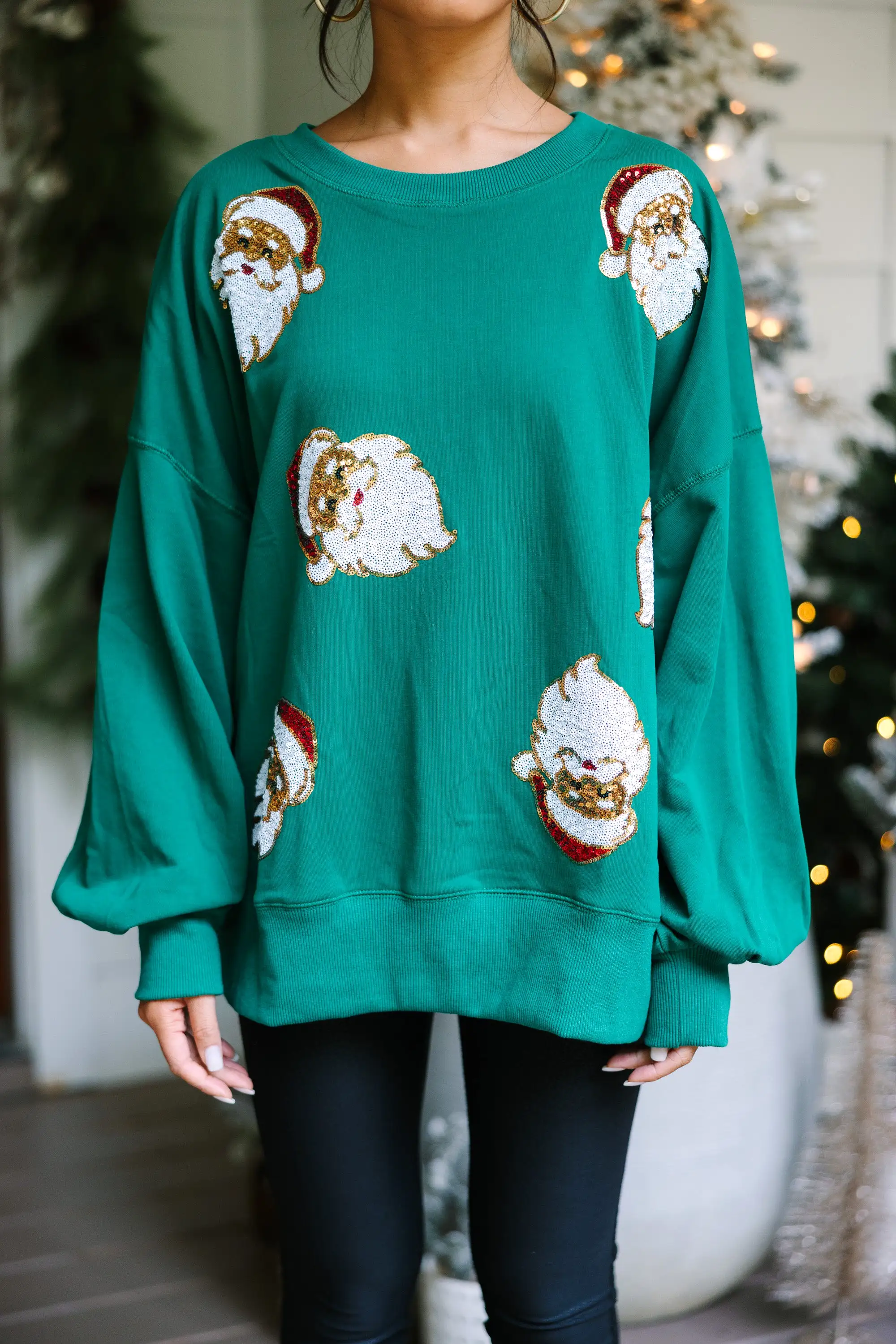 I Know Him Green Sequin Santa Pullover