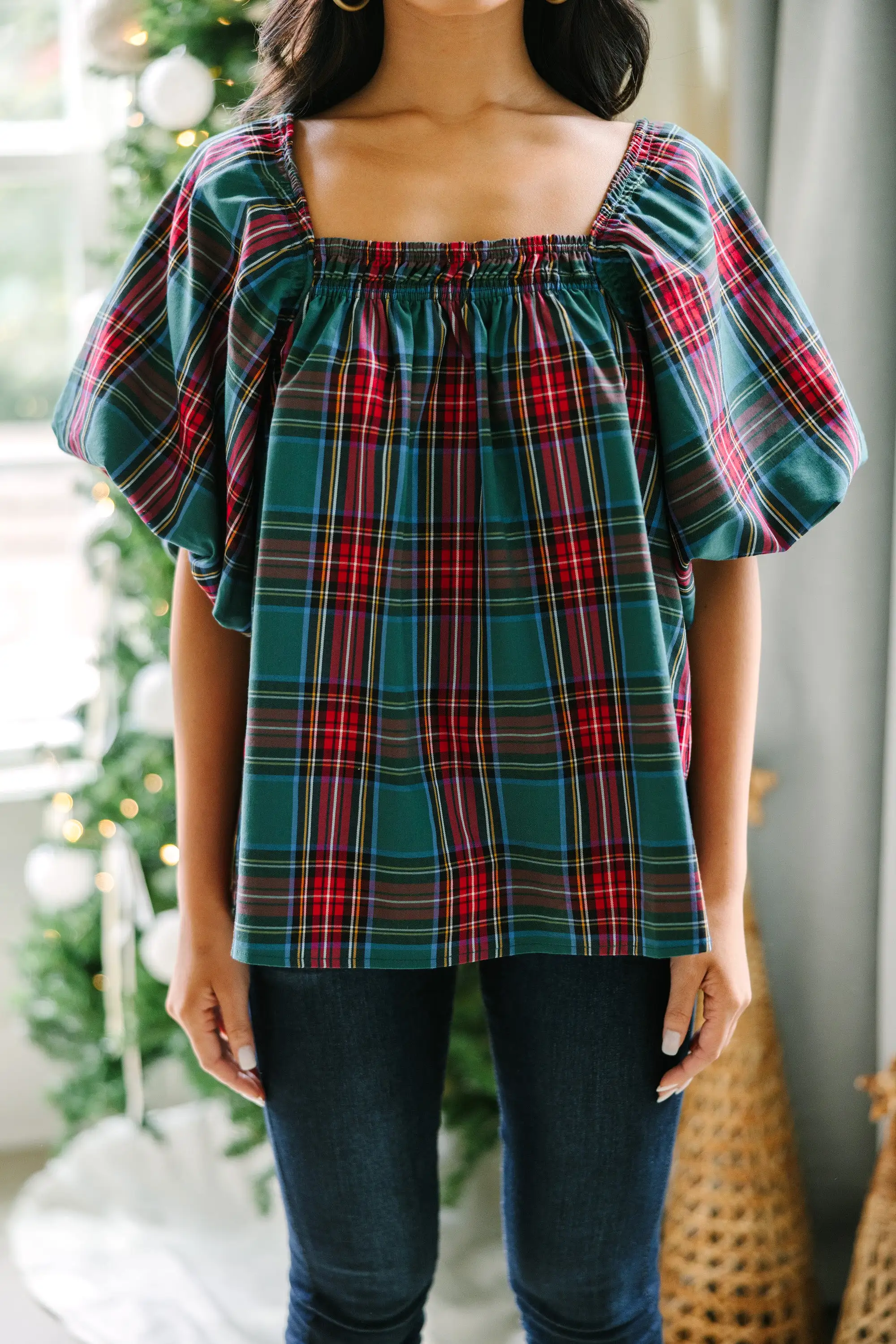 In Your Heart Emerald Green Tartan Plaid Blouse