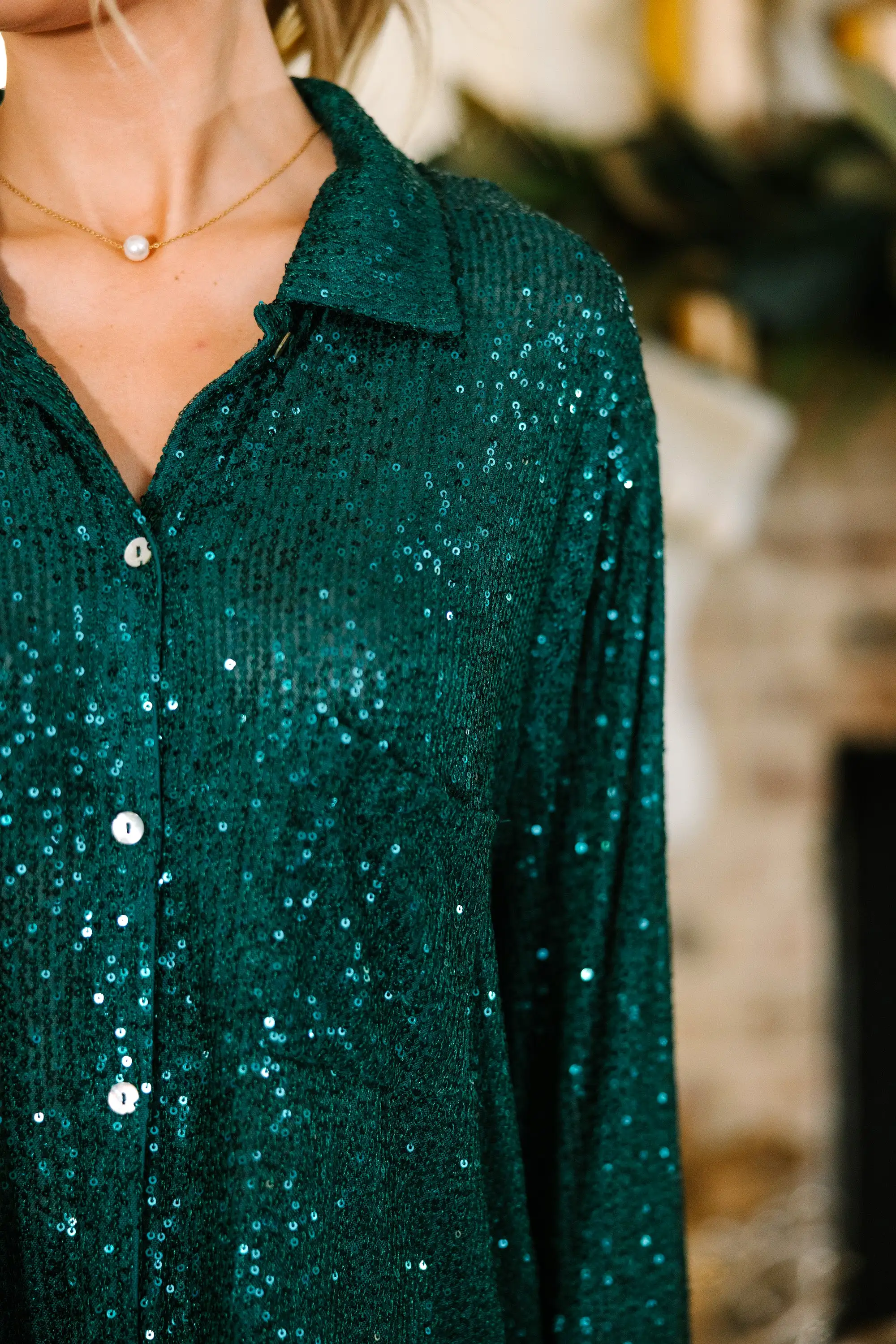 It's A Long Story Deep Green Sequin Blouse