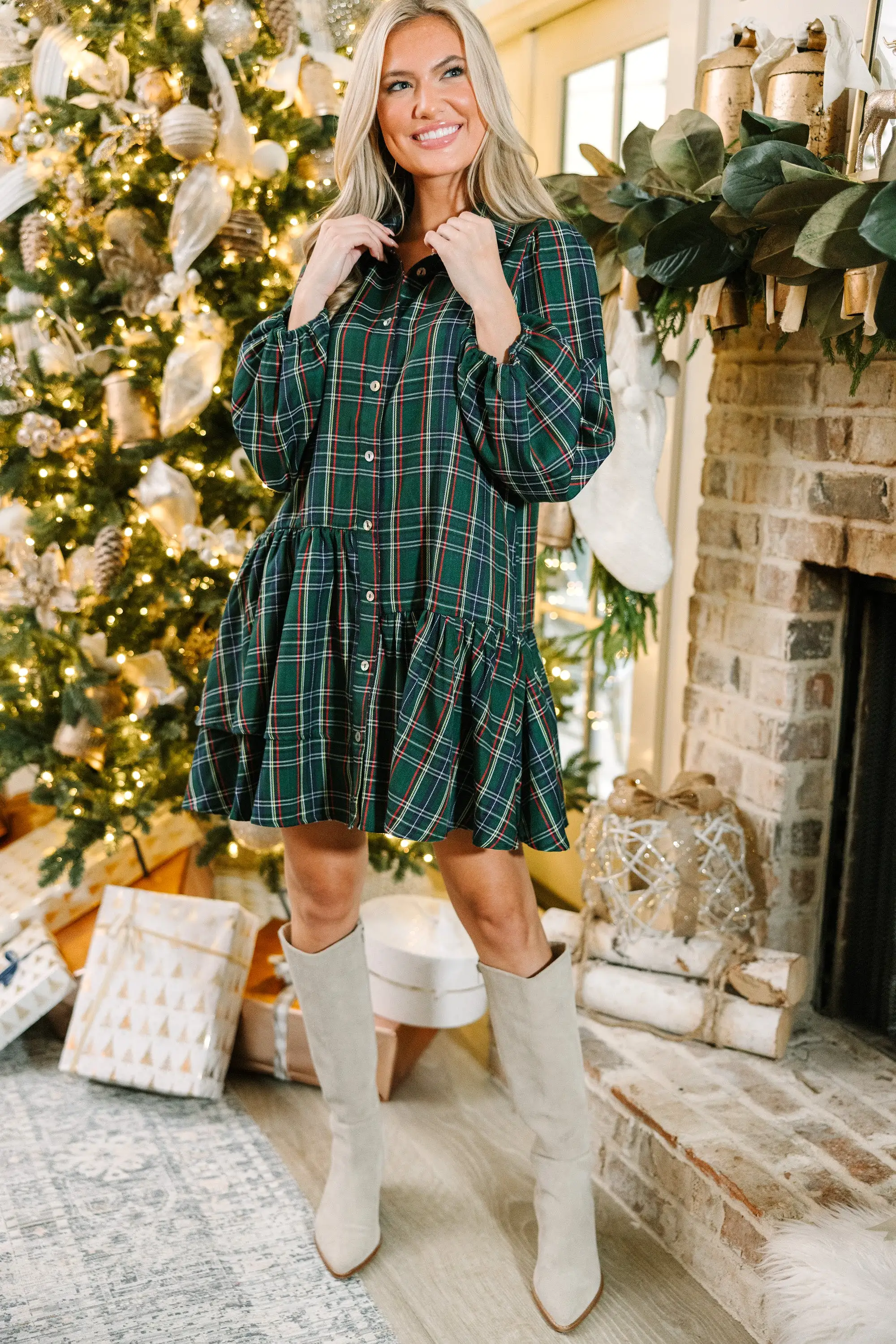 It's Your Place Green Plaid Button Down Dress