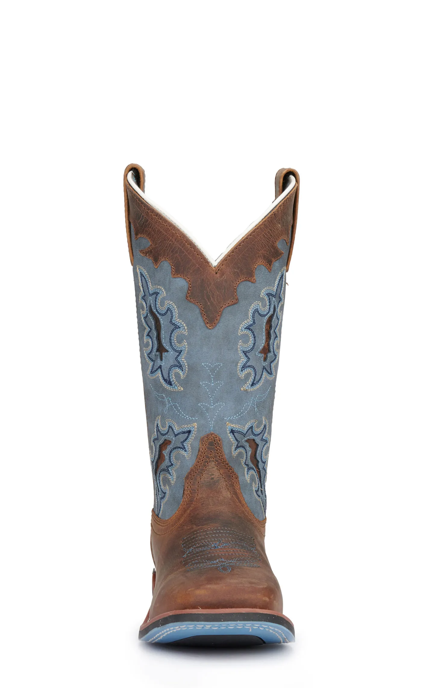 Laredo Women's Isla Tan Distressed Leather with Blue Denim Top Square Toe Cowboy Boots