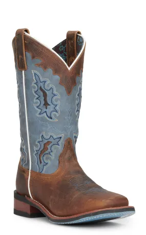 Laredo Women's Isla Tan Distressed Leather with Blue Denim Top Square Toe Cowboy Boots