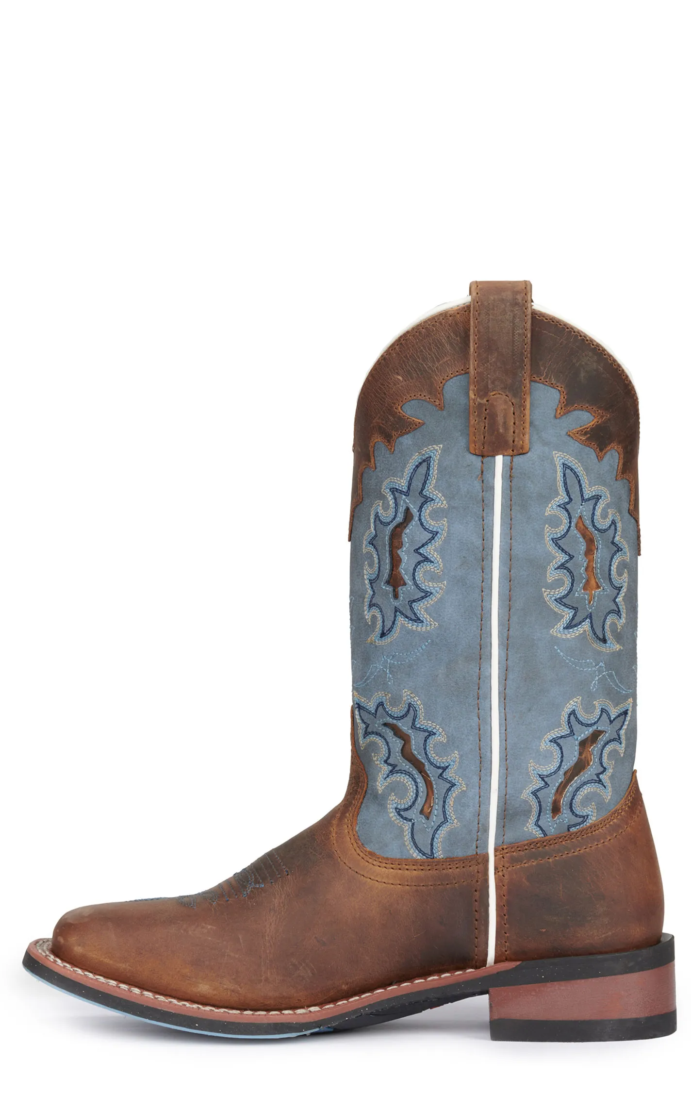 Laredo Women's Isla Tan Distressed Leather with Blue Denim Top Square Toe Cowboy Boots