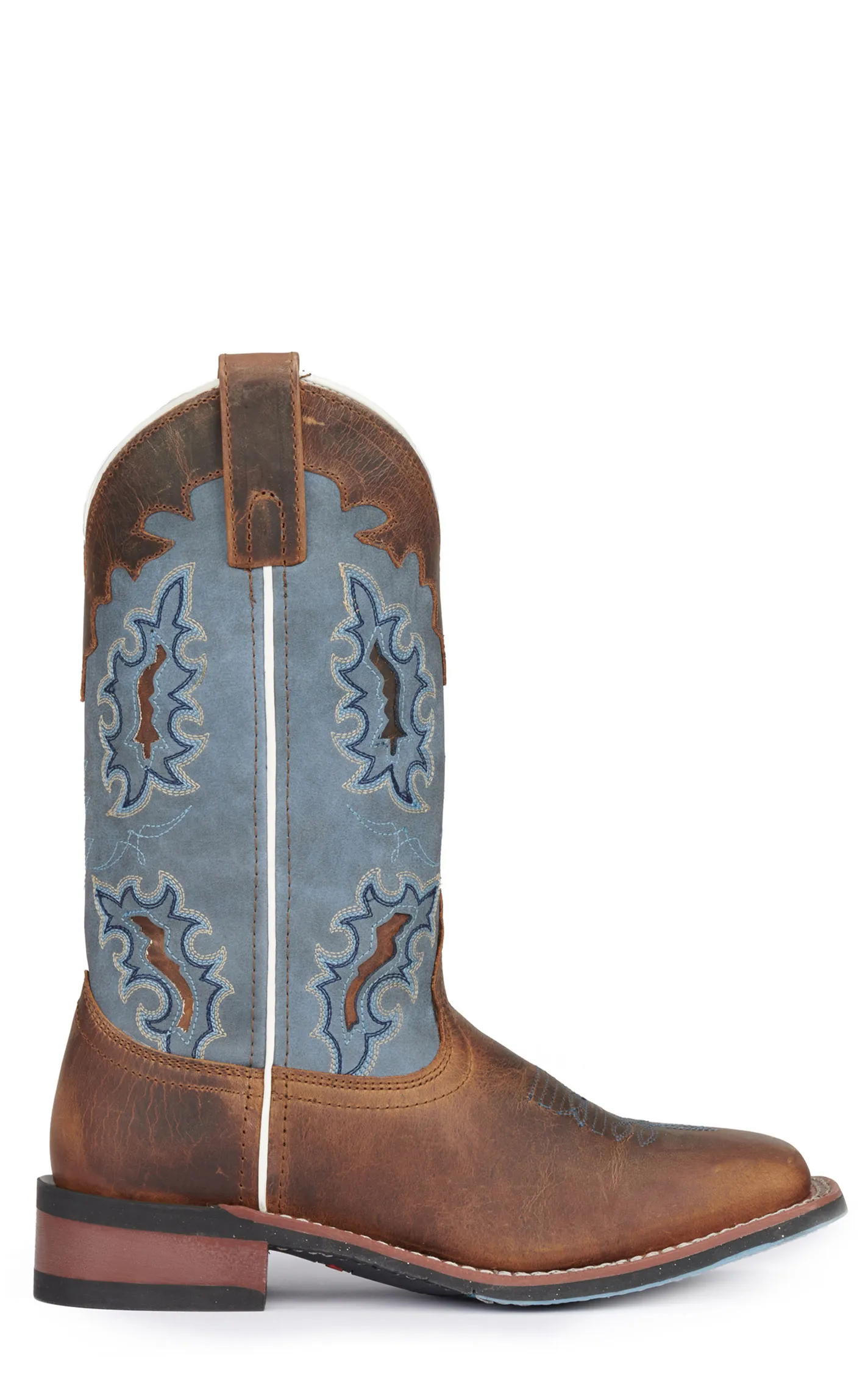 Laredo Women's Isla Tan Distressed Leather with Blue Denim Top Square Toe Cowboy Boots