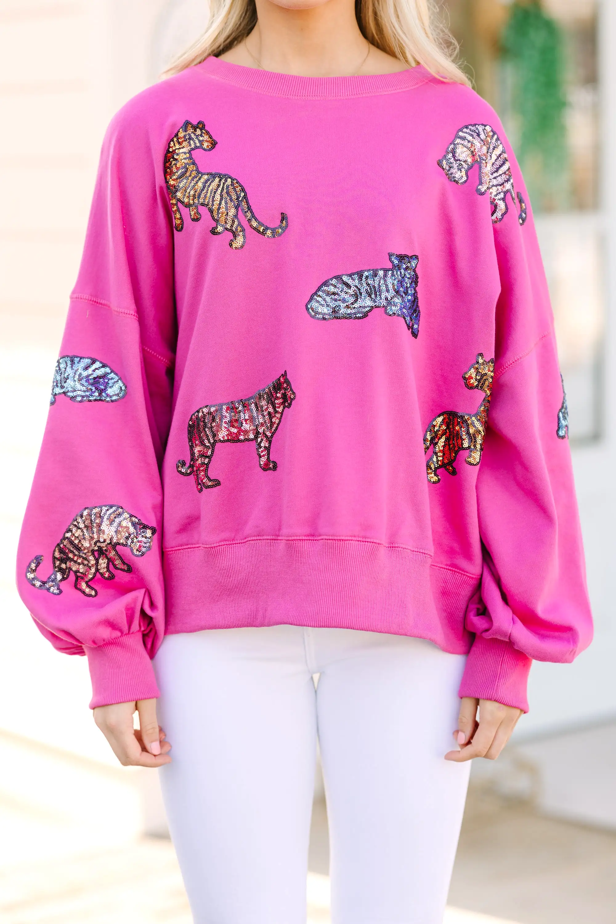 Live For Love Fuchsia Pink Sequin Tiger Pullover