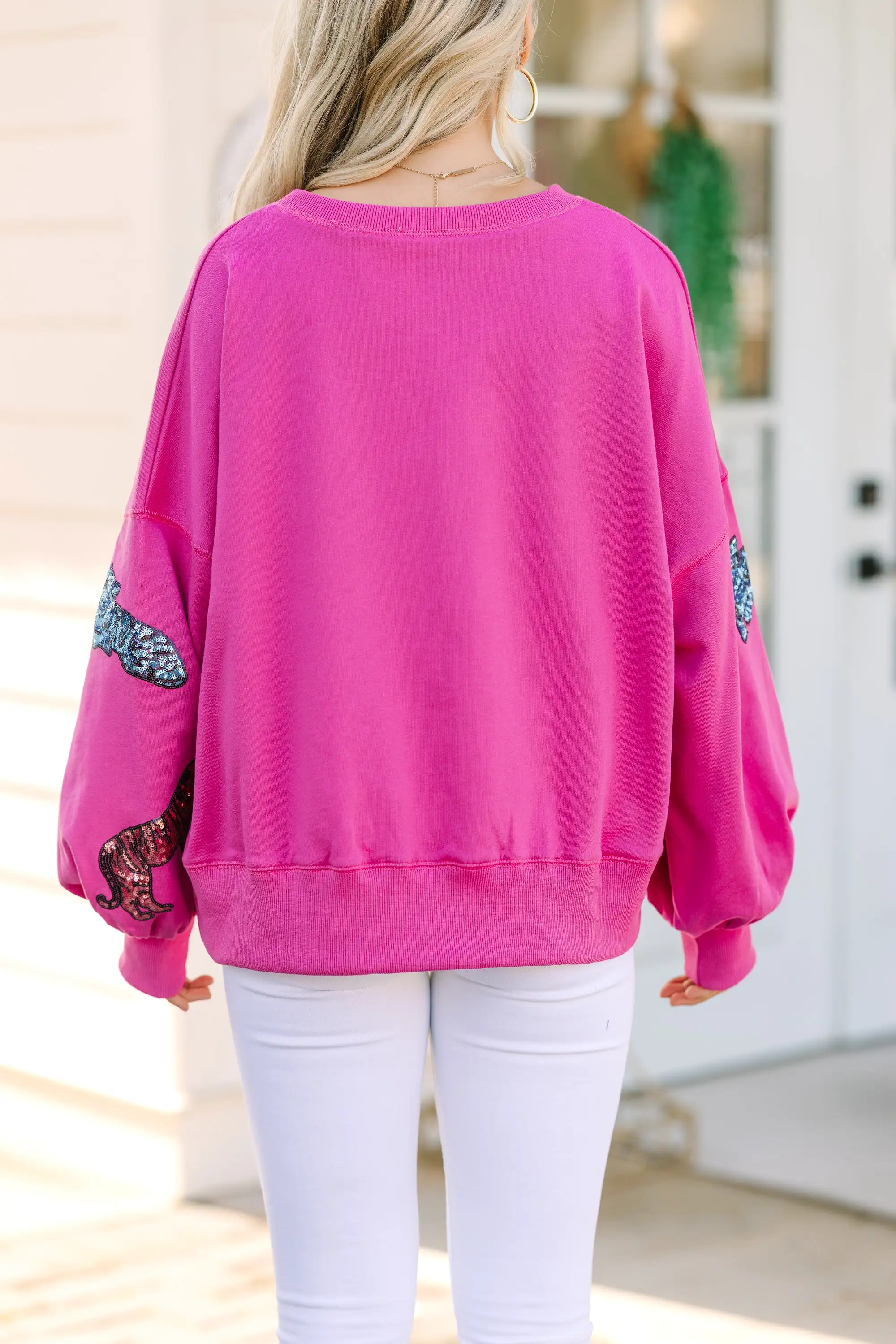 Live For Love Fuchsia Pink Sequin Tiger Pullover