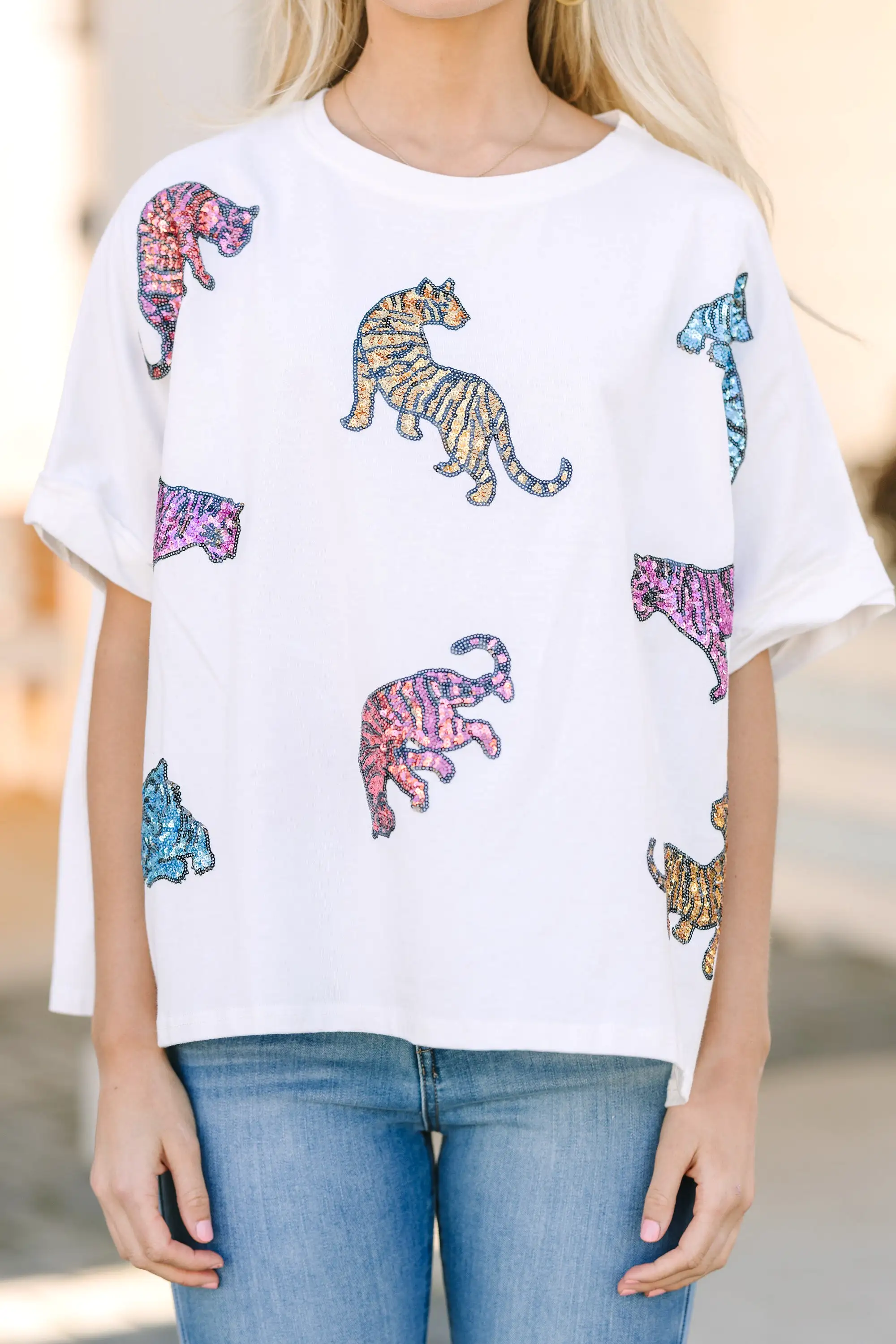 Live For Love White Sequin Tiger Top