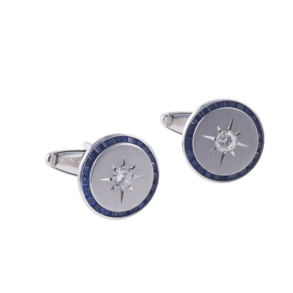 Lucien Piccard Vintage Diamond Sapphire Gold Cufflinks Stud Set