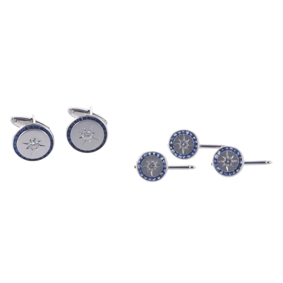 Lucien Piccard Vintage Diamond Sapphire Gold Cufflinks Stud Set